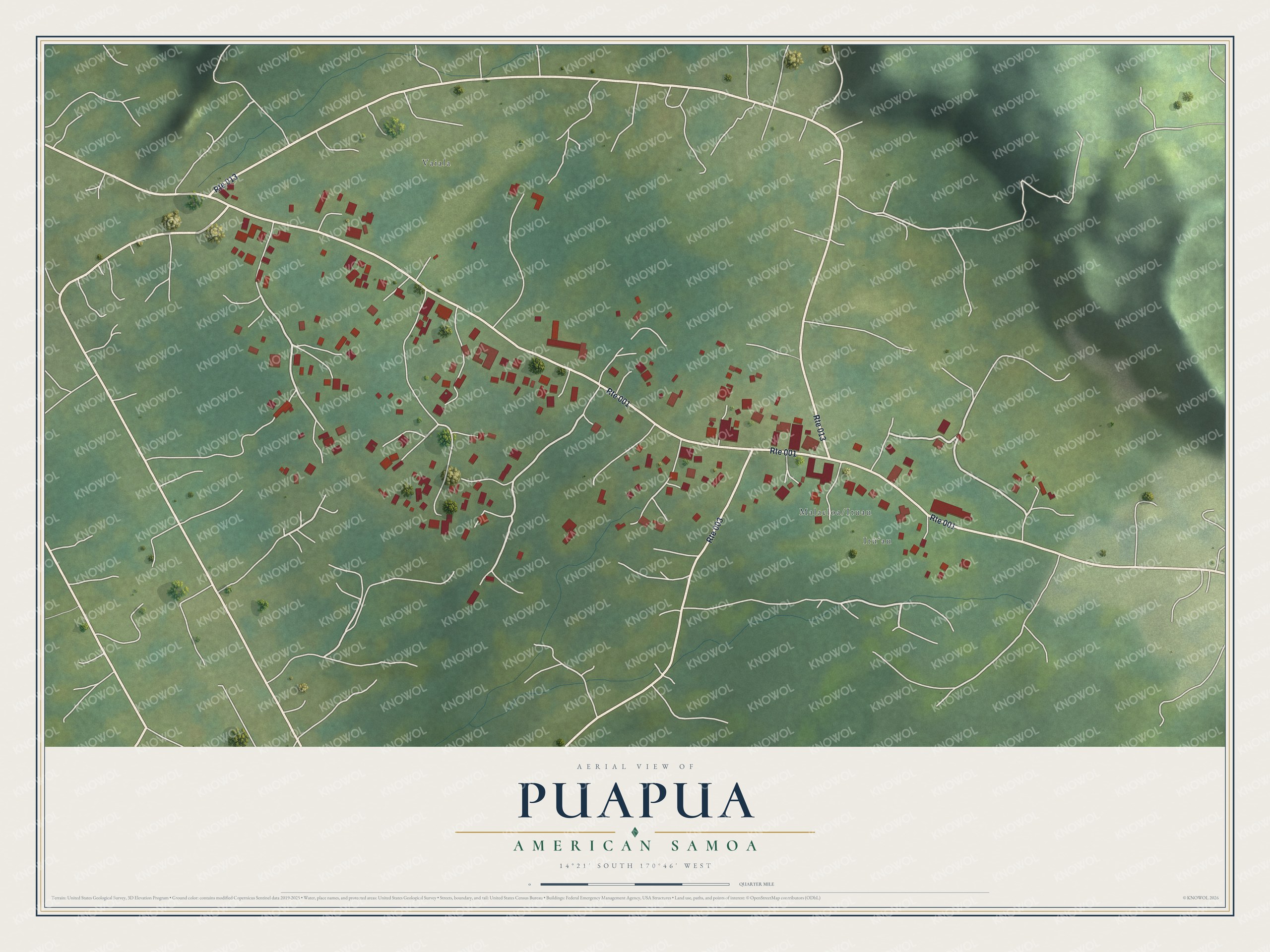Full map of Puapua, American Samoa, with red buildings, printed street names and the land around them