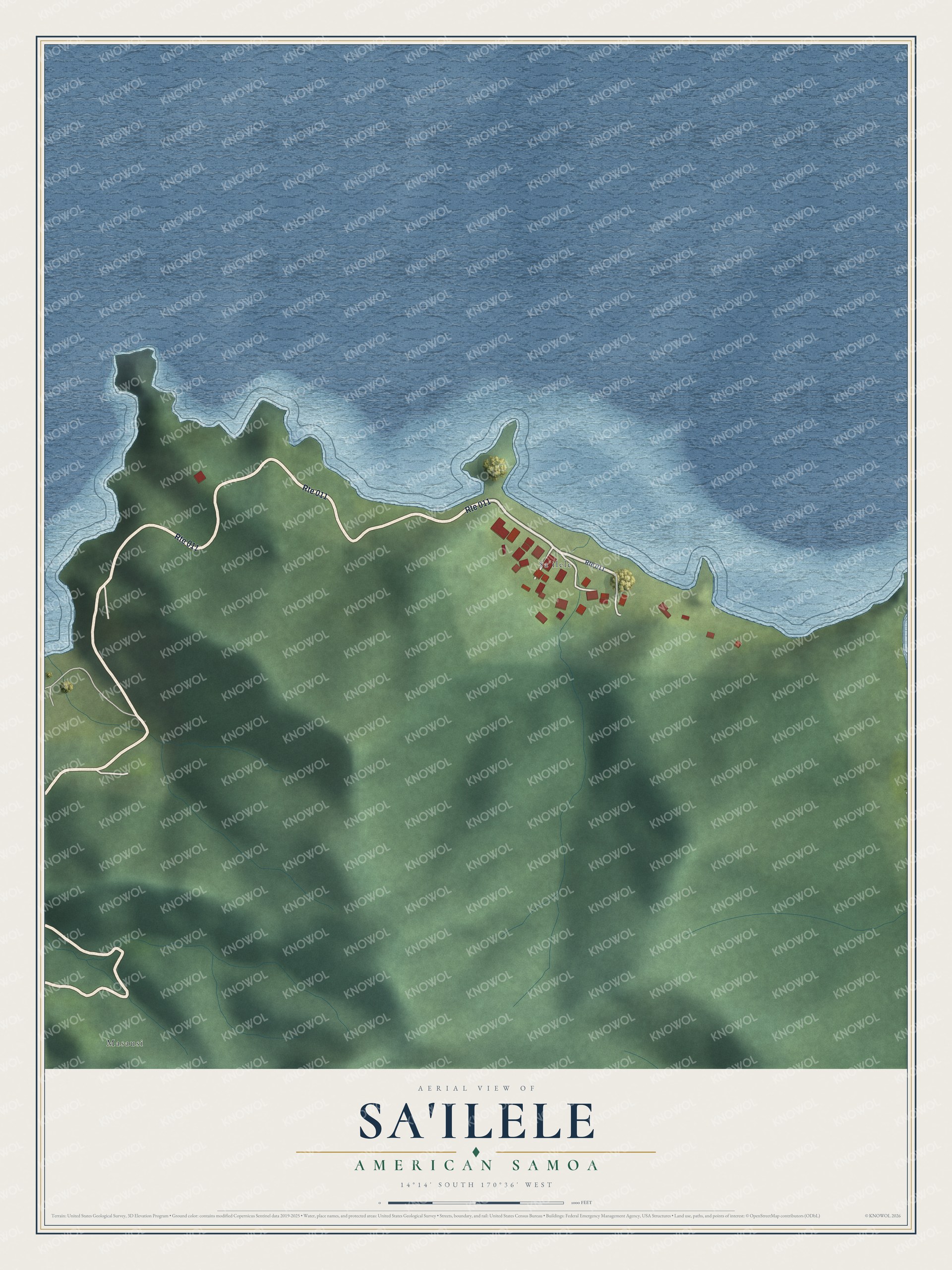 Full map of Sa'ilele, American Samoa, with red buildings, printed street names and the land around them