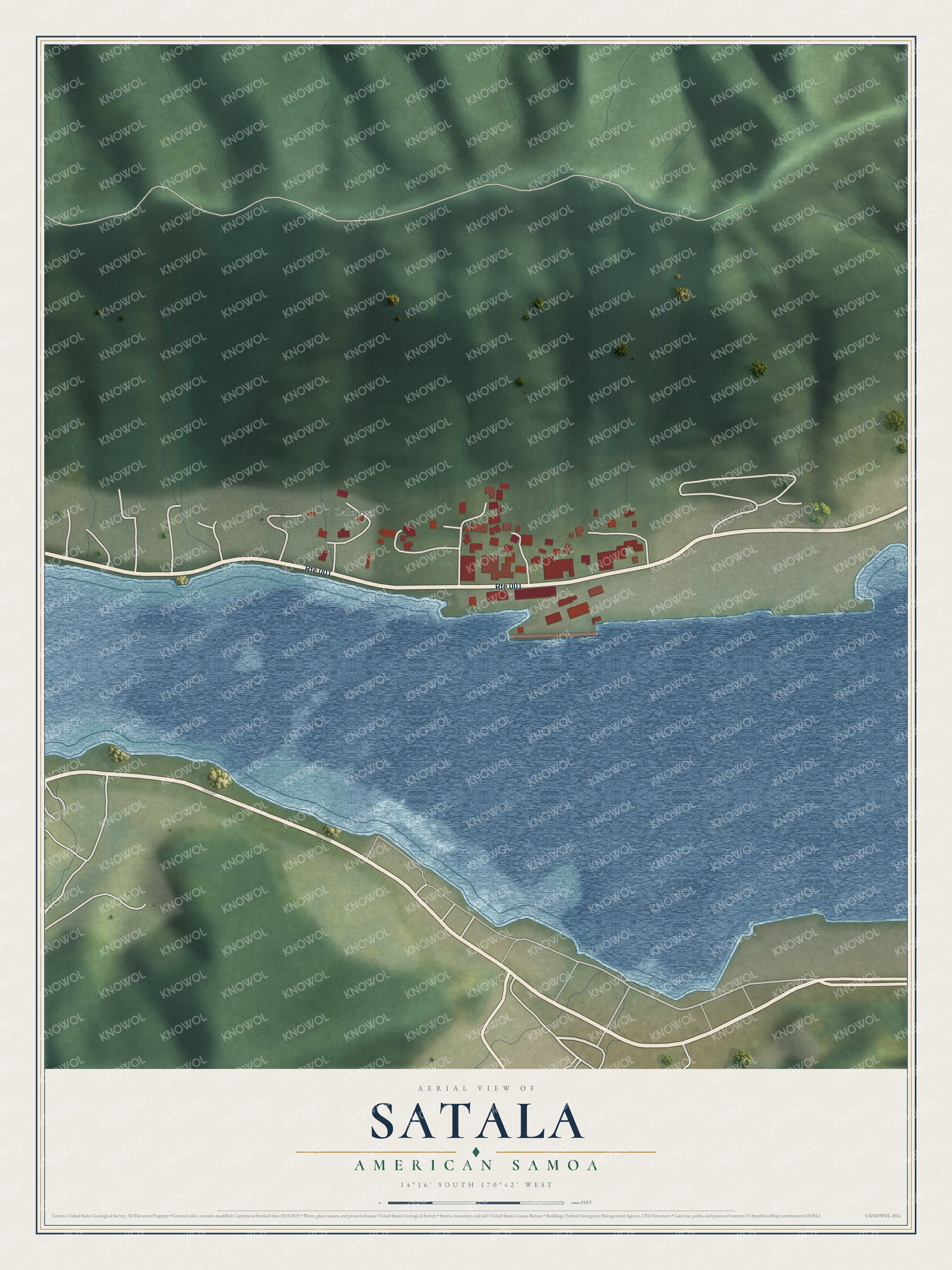 Full map of Satala, American Samoa, with red buildings, printed street names and the land around them