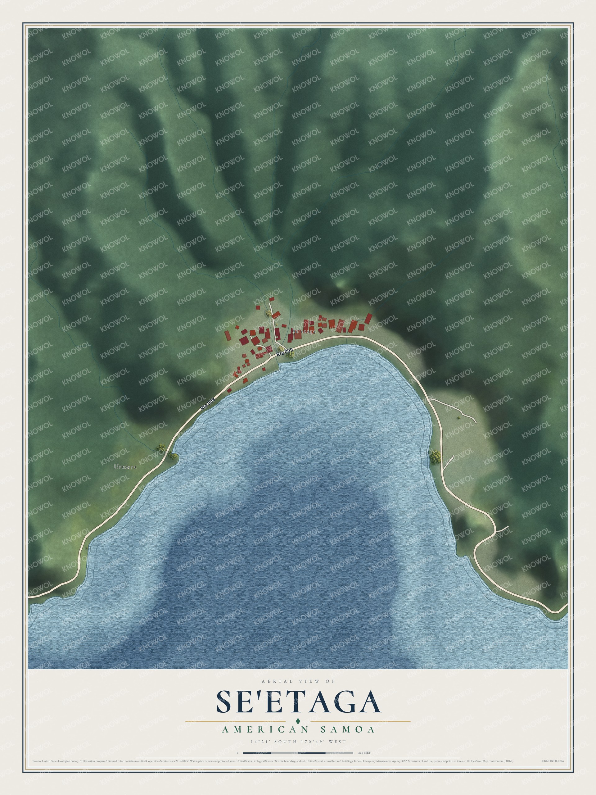 Full map of Se'etaga, American Samoa, with red buildings, printed street names and the land around them