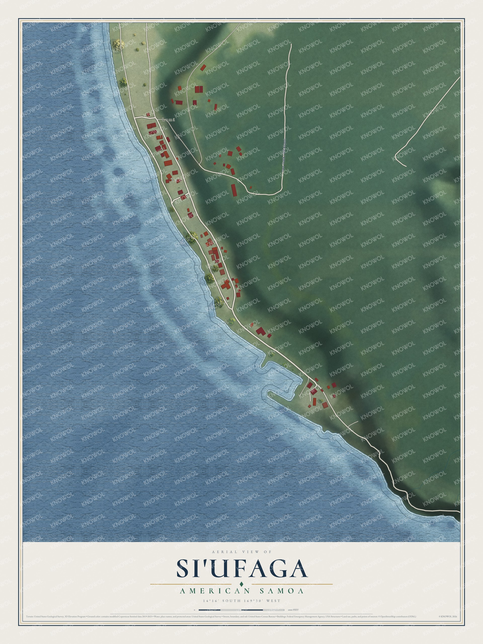 Full map of Si'ufaga, American Samoa, with red buildings, printed street names and the land around them