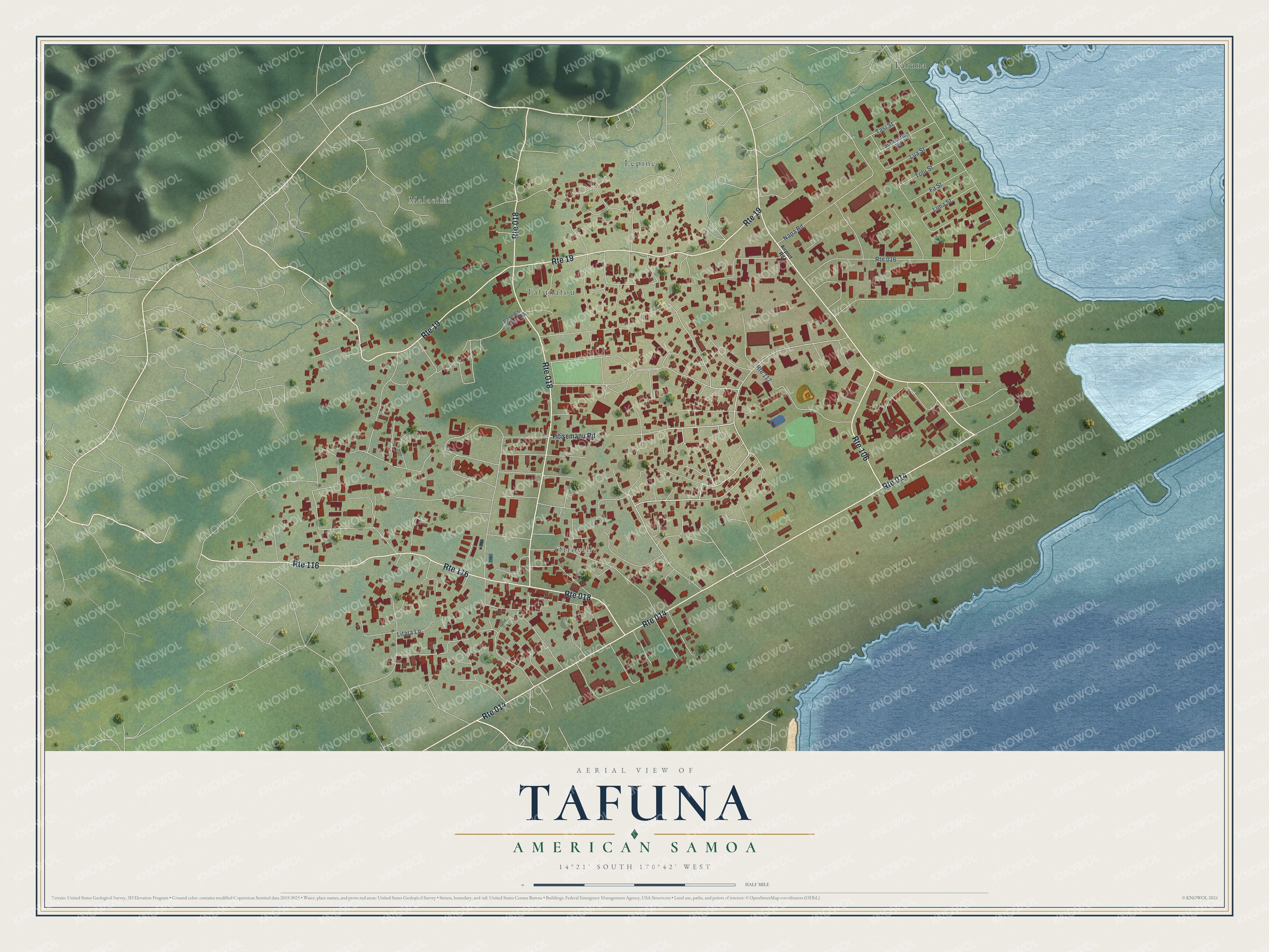 Full map of Tafuna, American Samoa, with red buildings, printed street names and the land around them