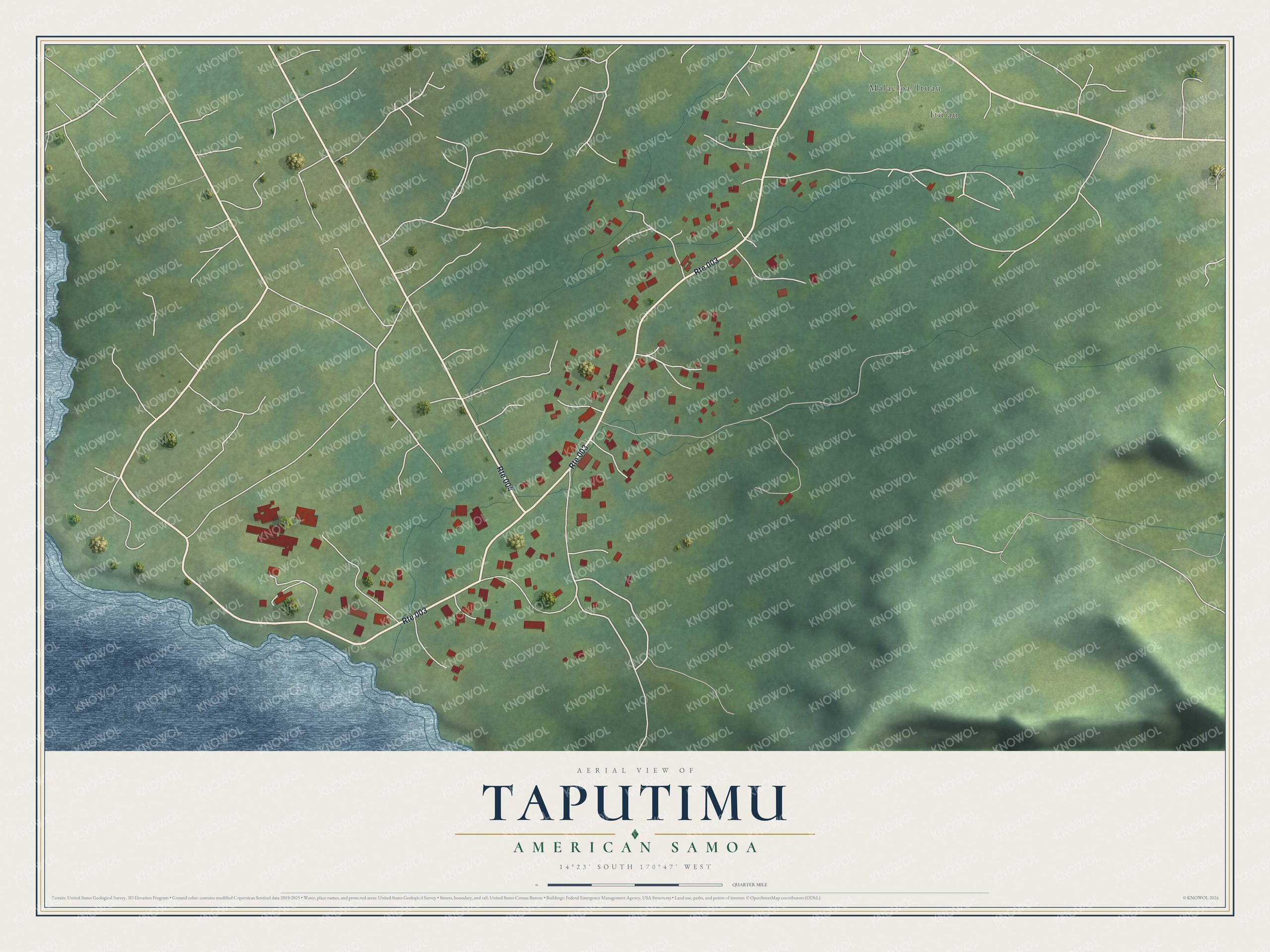 Full map of Taputimu, American Samoa, with red buildings, printed street names and the land around them