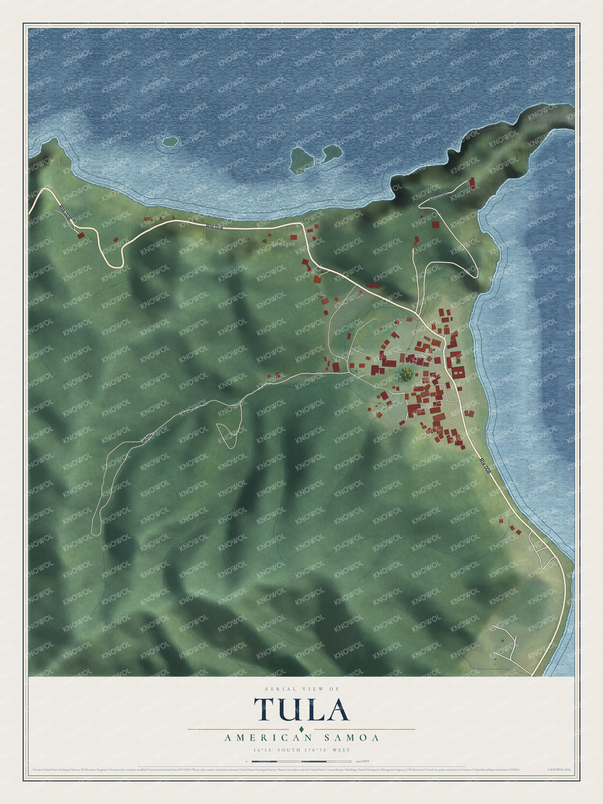 Full map of Tula, American Samoa, with red buildings, printed street names and the land around them