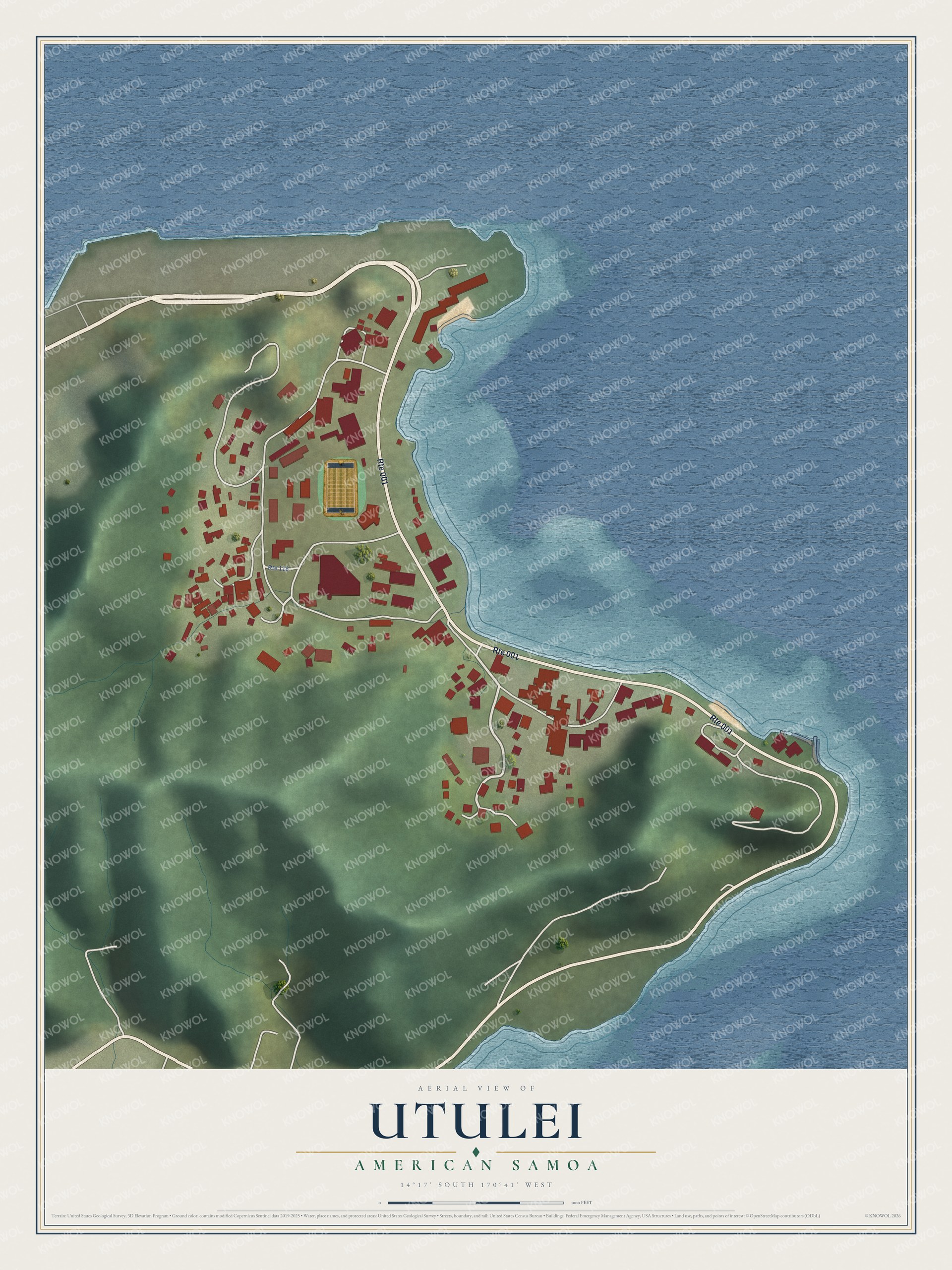Full map of Utulei, American Samoa, with red buildings, printed street names and the land around them