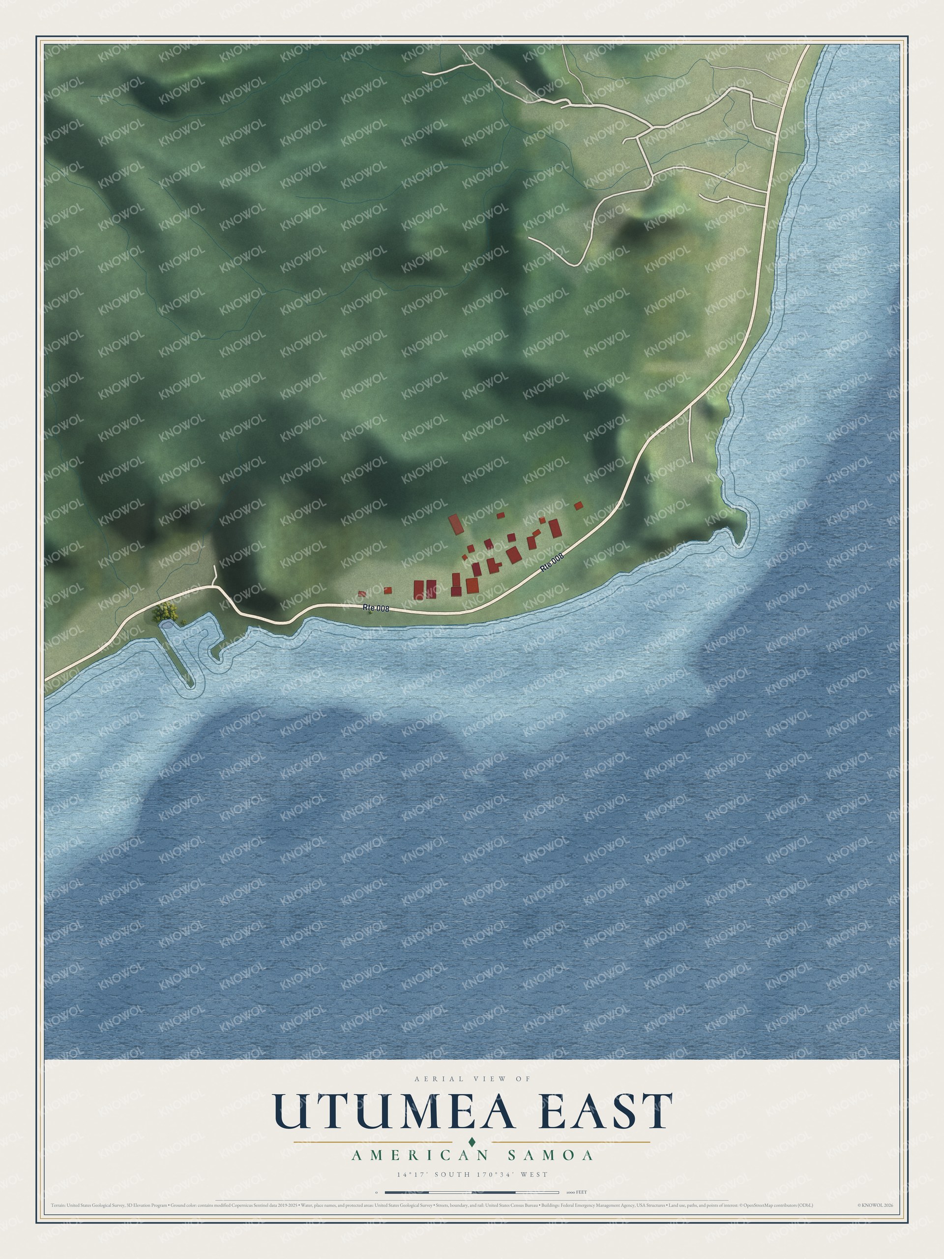 Full map of Utumea East, American Samoa, with red buildings, printed street names and the land around them