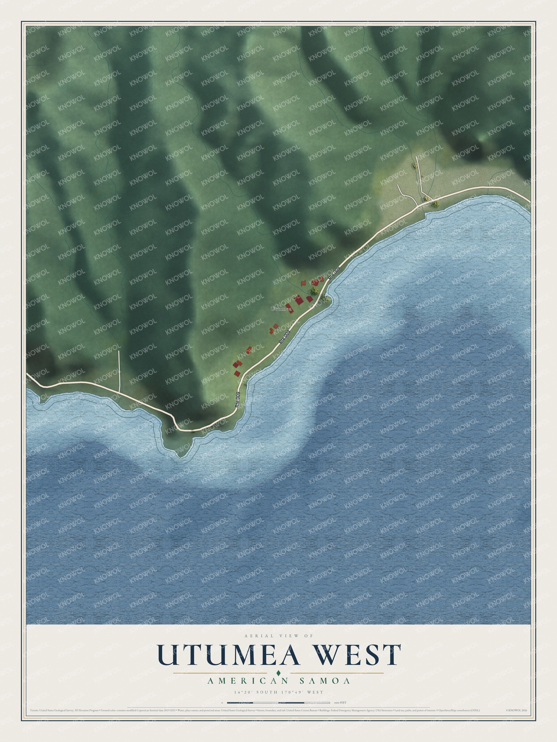 Full map of Utumea West, American Samoa, with red buildings, printed street names and the land around them