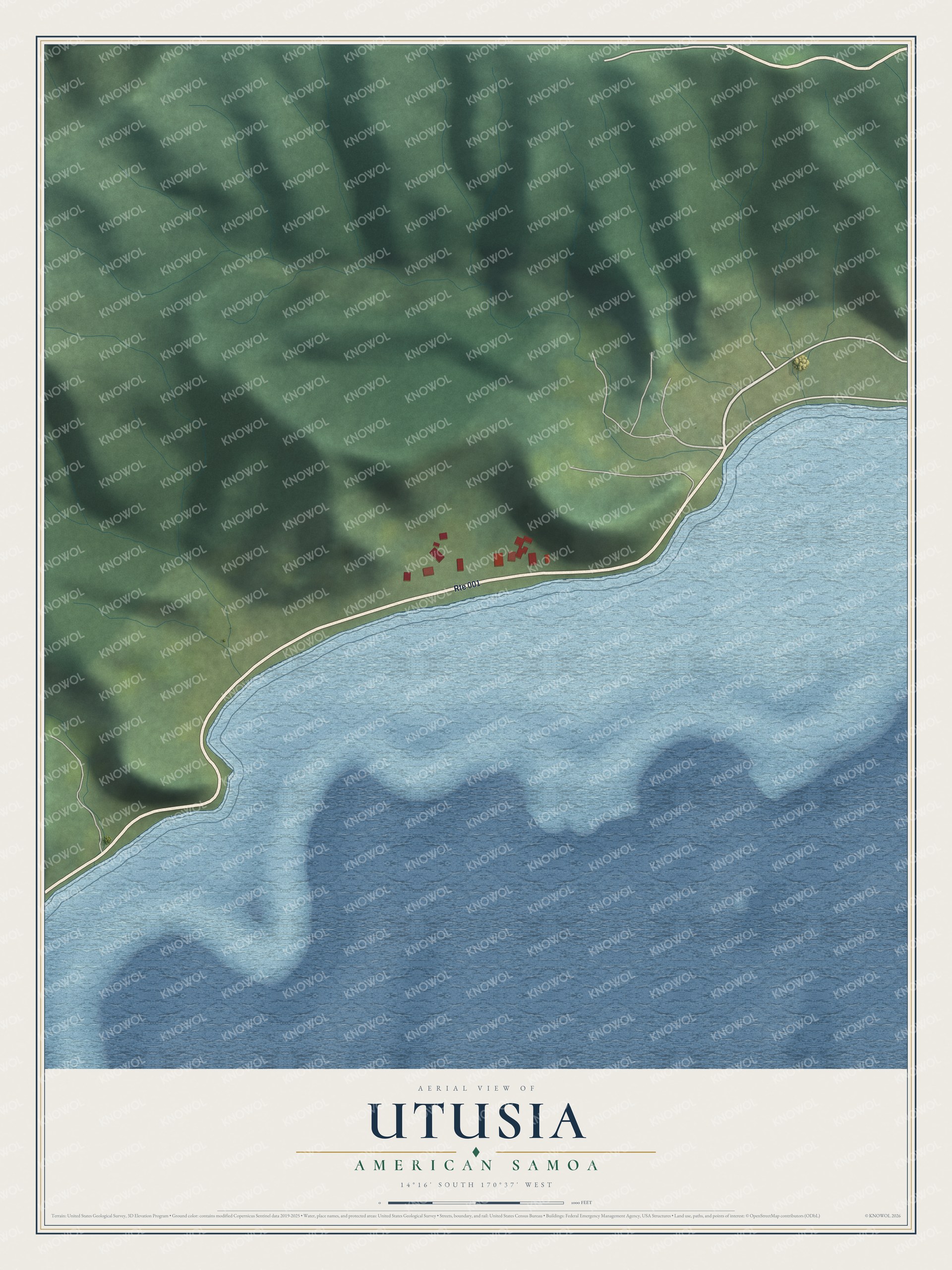 Full map of Utusia, American Samoa, with red buildings, printed street names and the land around them