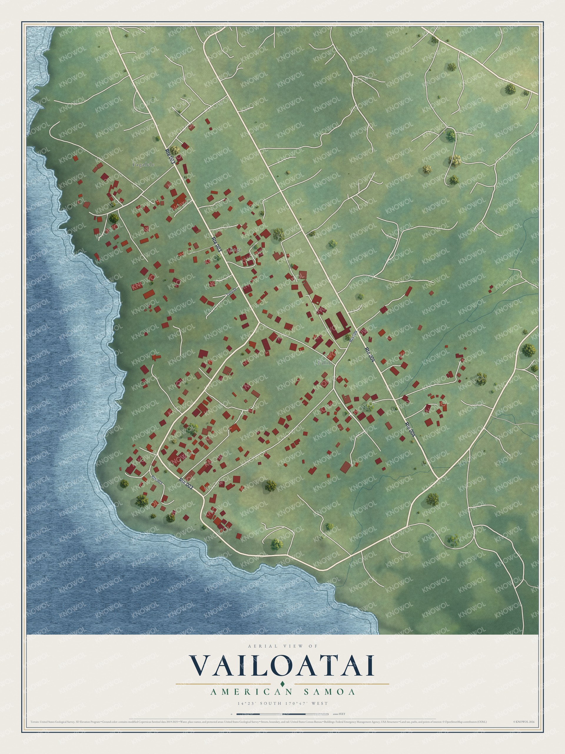 Full map of Vailoatai, American Samoa, with red buildings, printed street names and the land around them