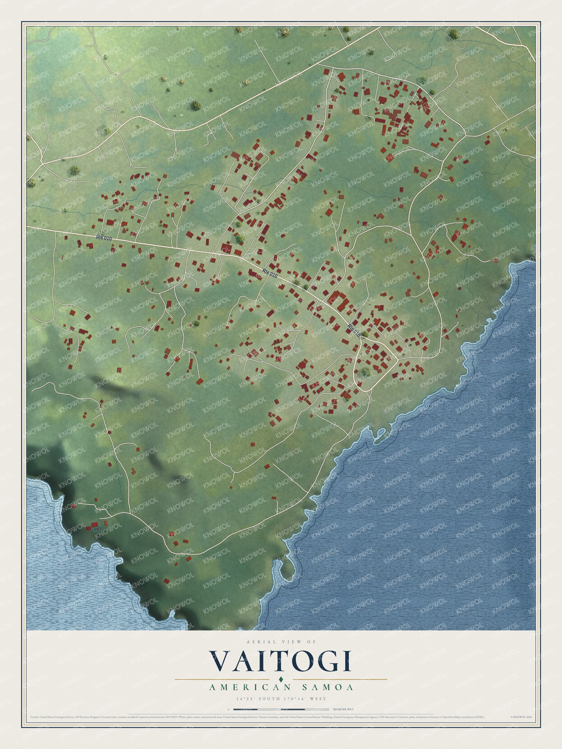 Full map of Vaitogi, American Samoa, with red buildings, printed street names and the land around them
