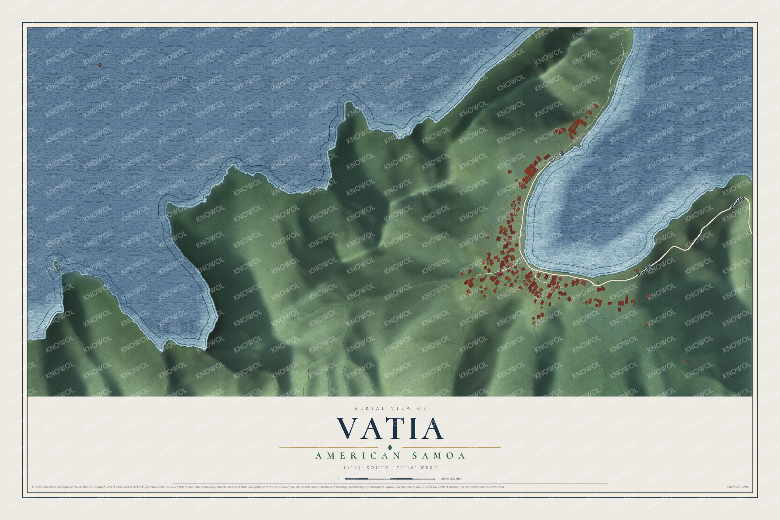 Full map of Vatia, American Samoa, with red buildings, printed street names and the land around them