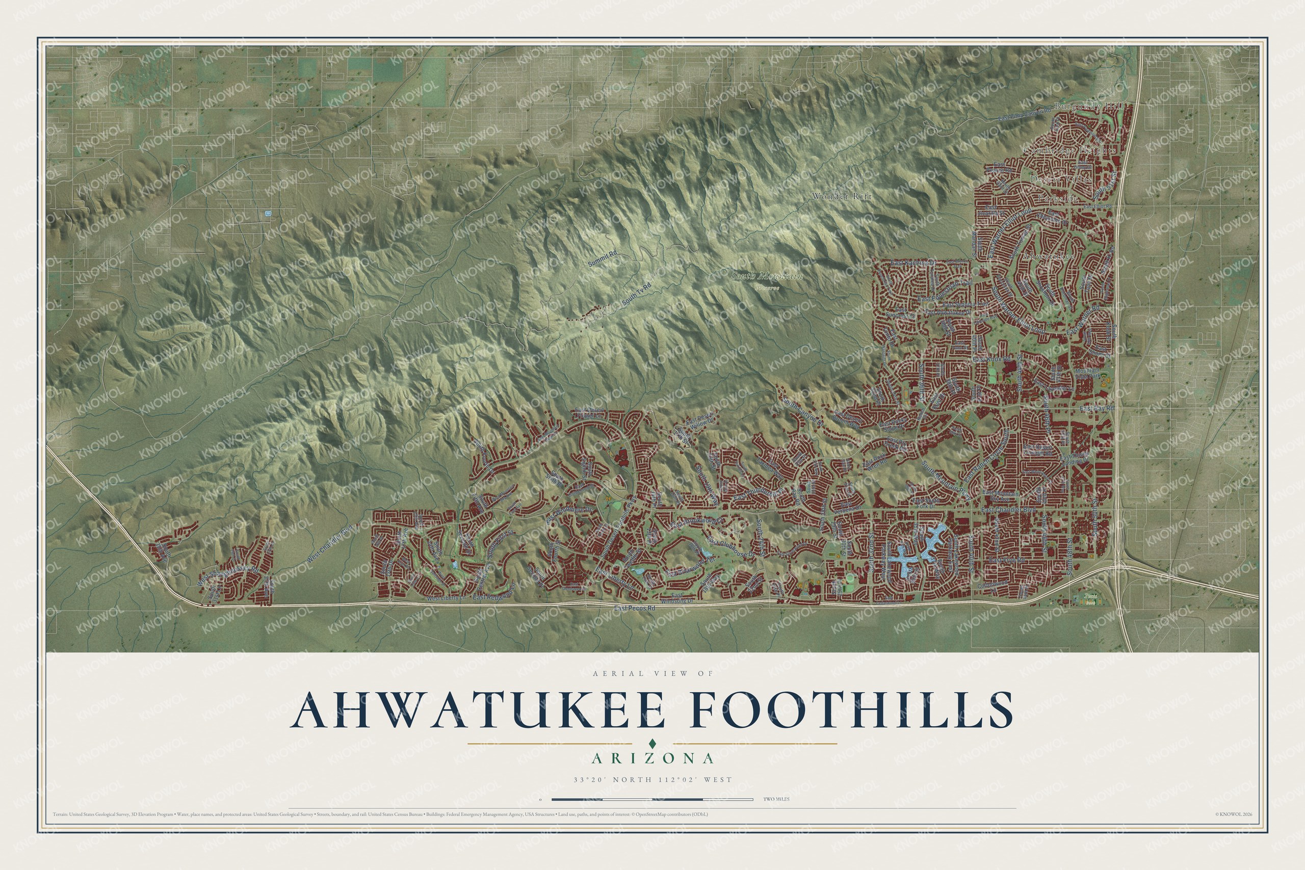 Full map of Ahwatukee Foothills, Arizona, with red buildings, printed street names and the land around them