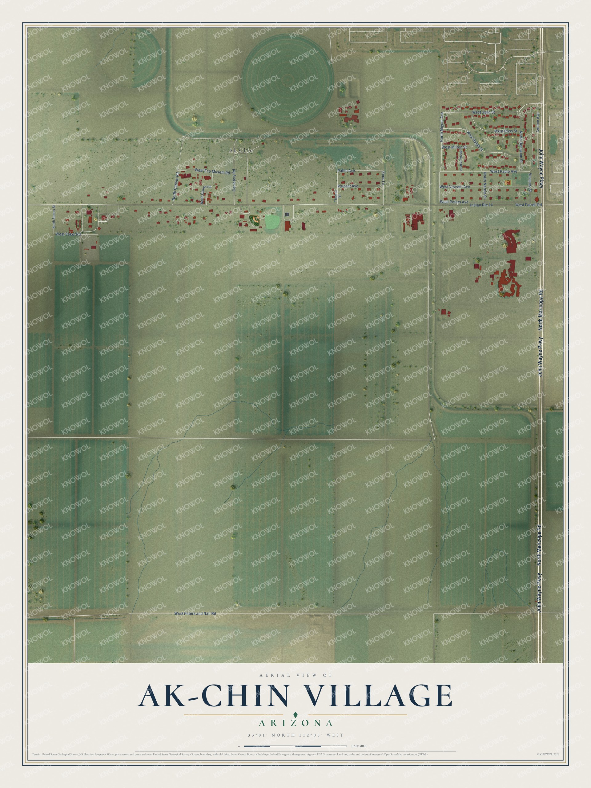 Full map of Ak-Chin Village, Arizona, with red buildings, printed street names and the land around them