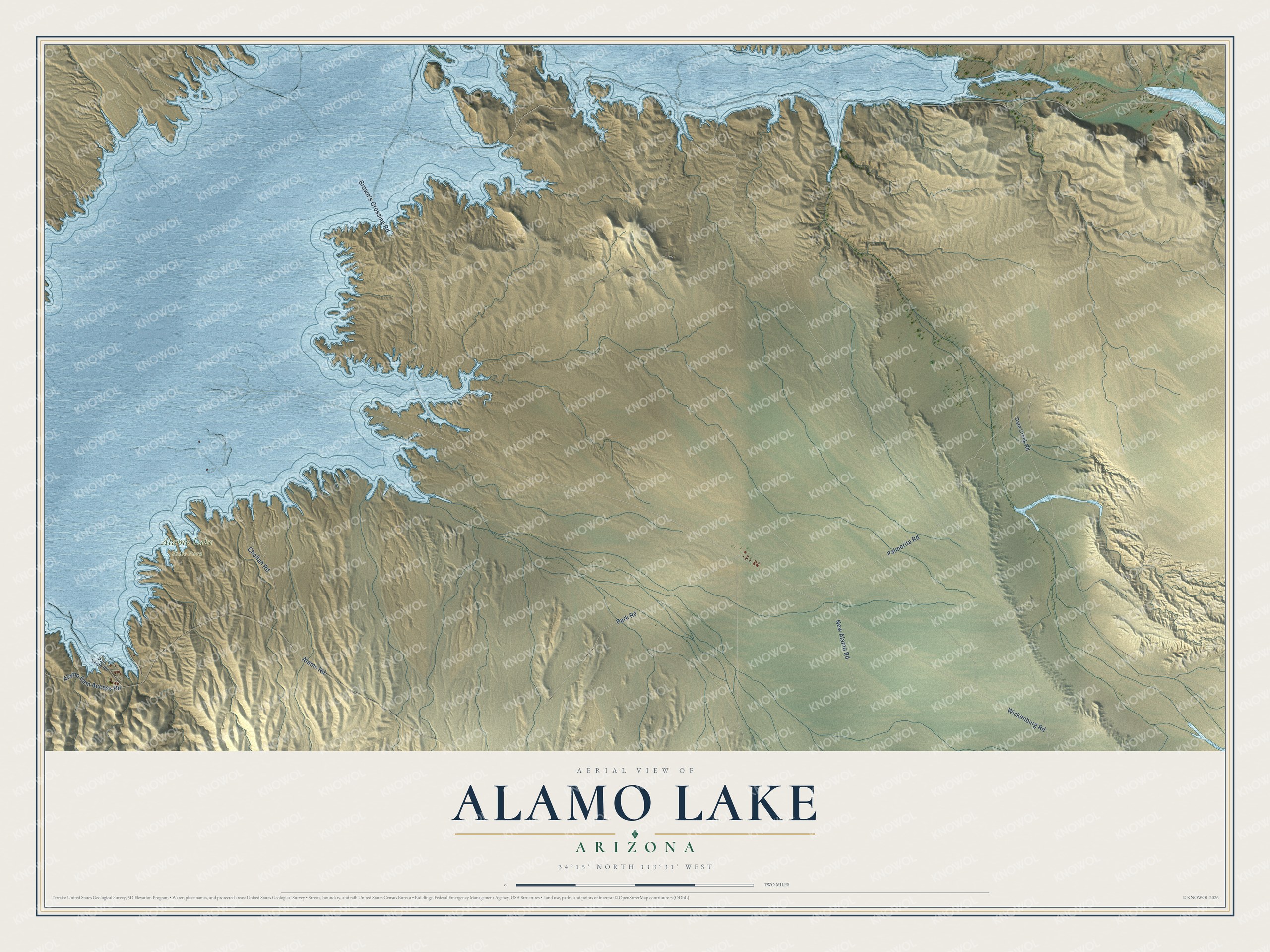 Full map of Alamo Lake, Arizona, with red buildings, printed street names and the land around them
