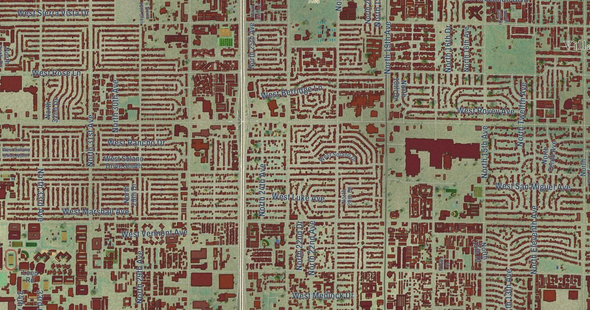 Close-up of streets and buildings in Alhambra, Arizona