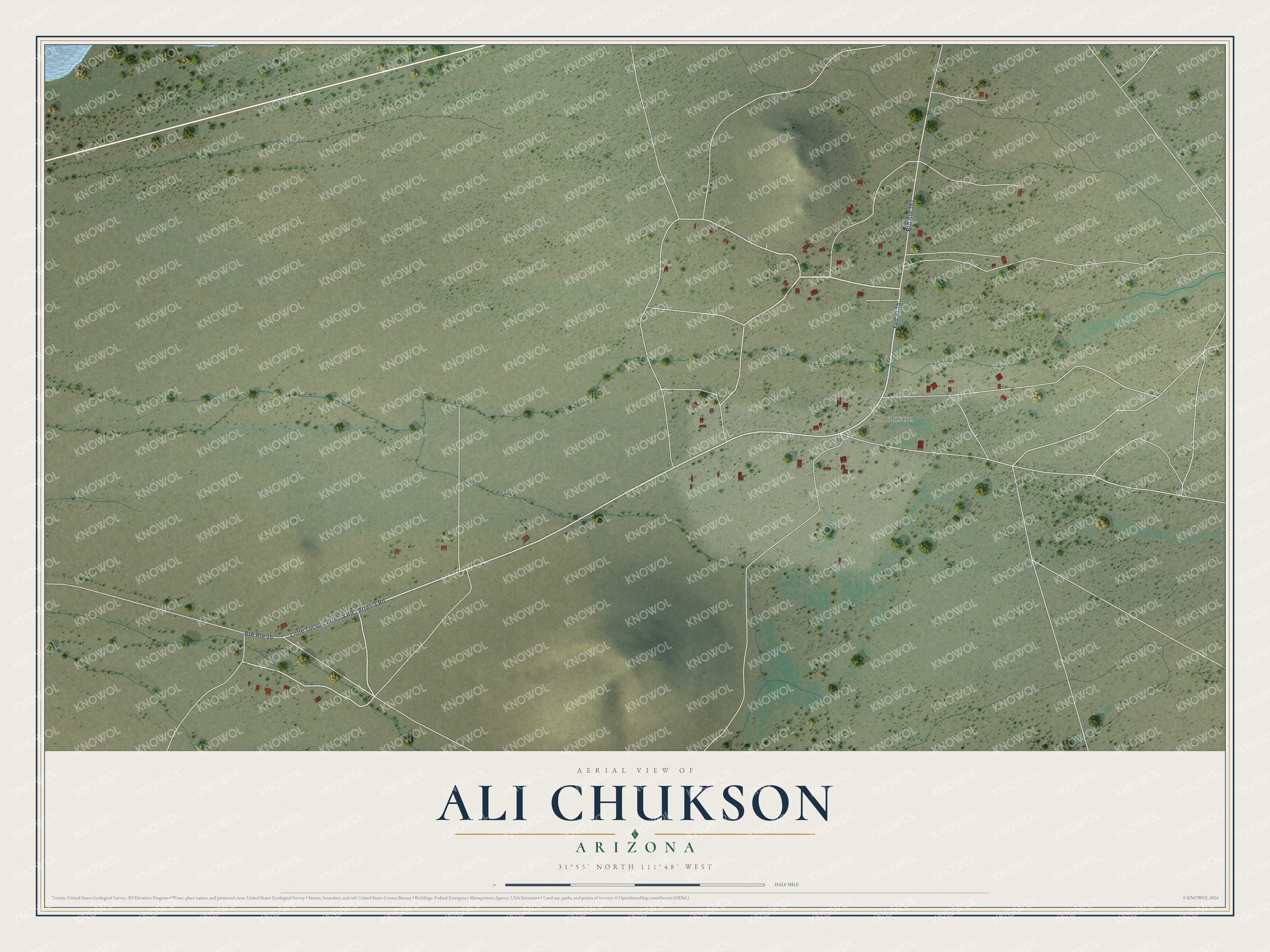 Full map of Ali Chukson, Arizona, with red buildings, printed street names and the land around them