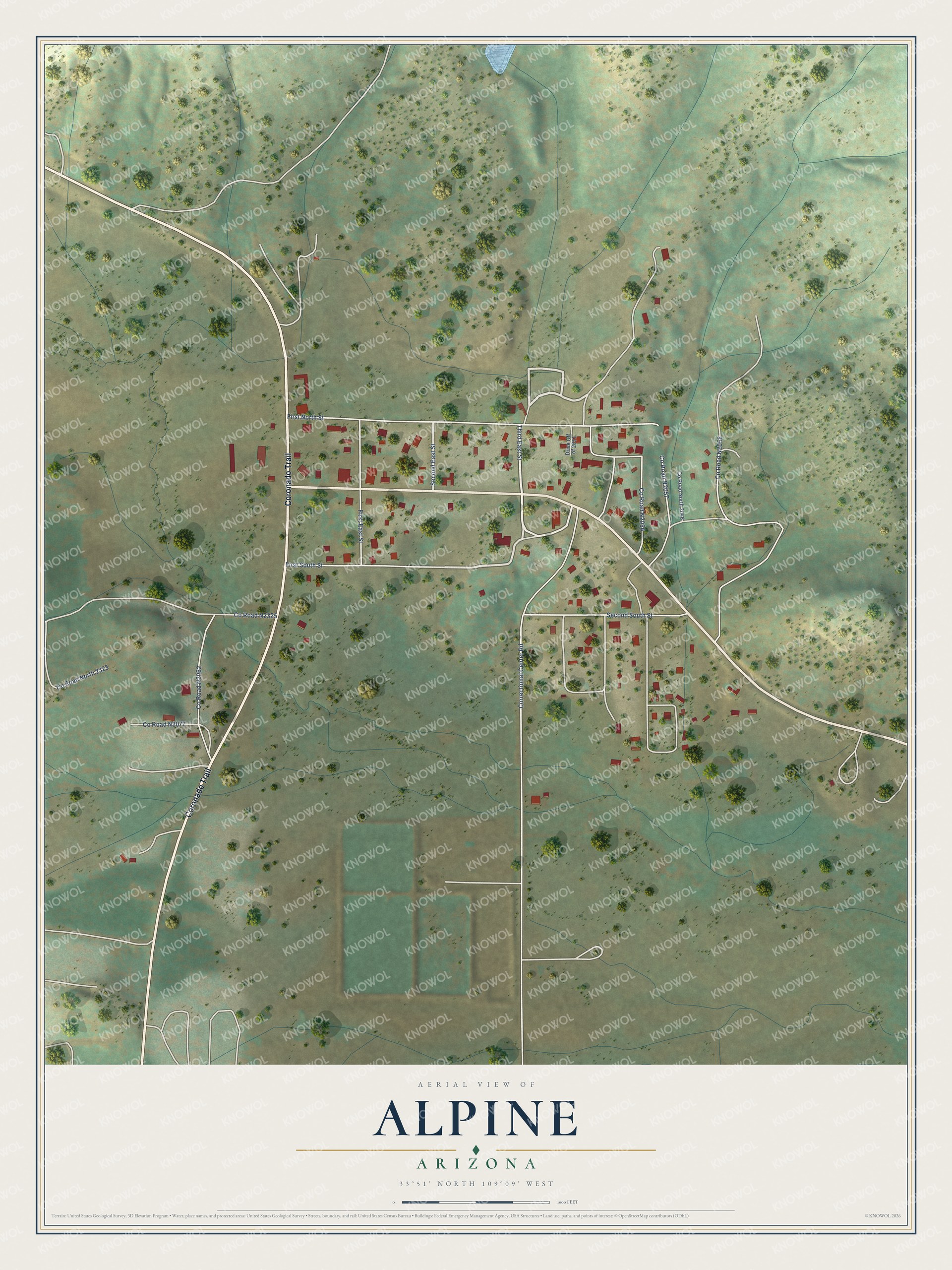 Full map of Alpine, Arizona, with red buildings, printed street names and the land around them