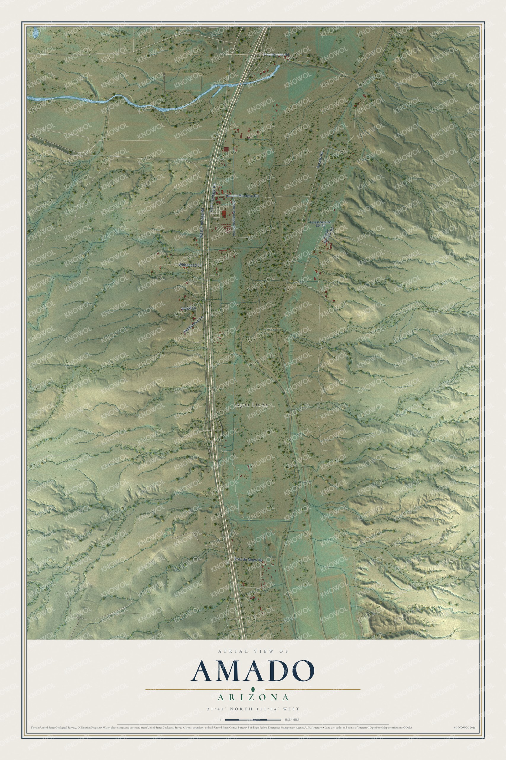 Full map of Amado, Arizona, with red buildings, printed street names and the land around them