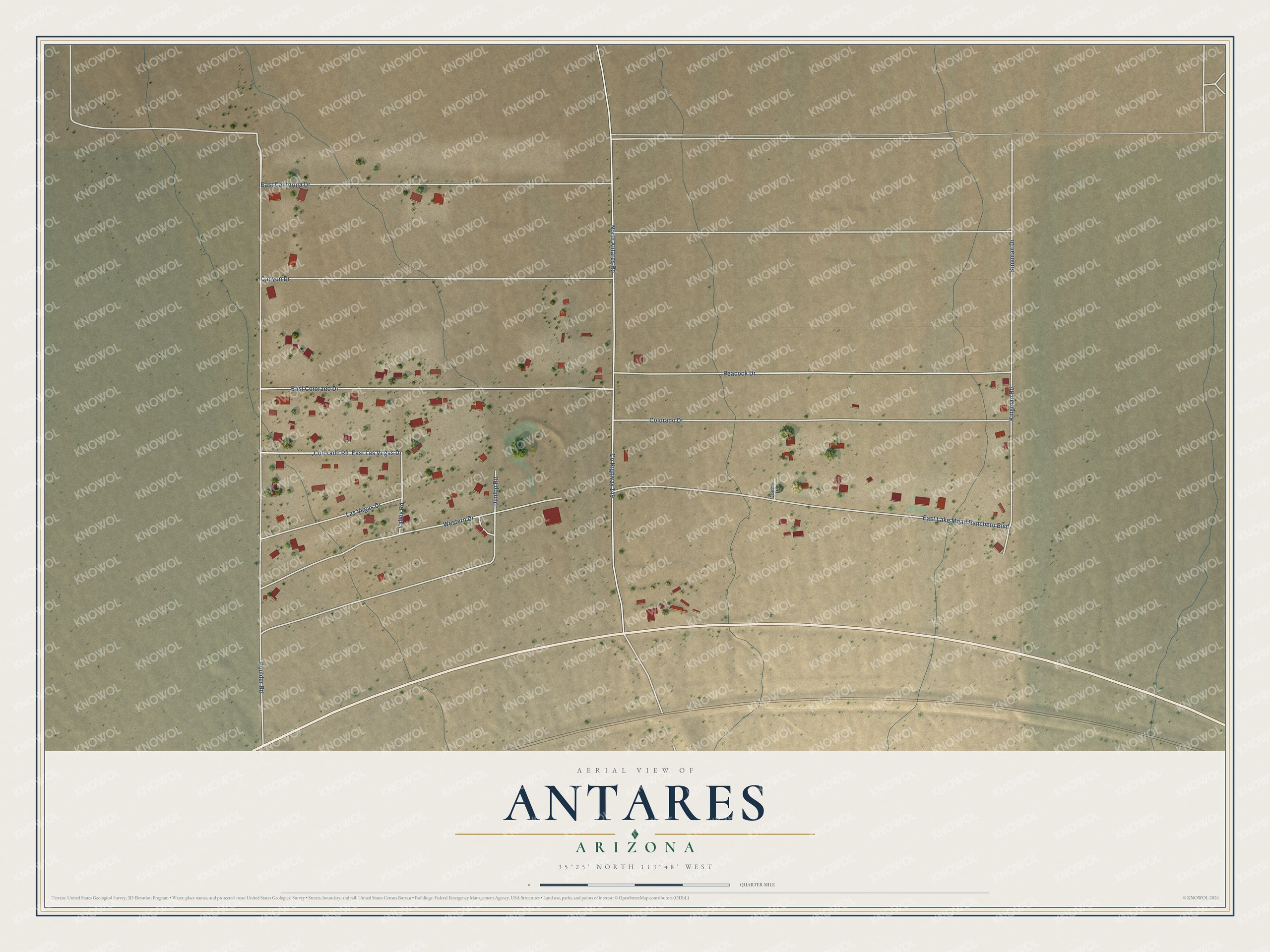 Full map of Antares, Arizona, with red buildings, printed street names and the land around them
