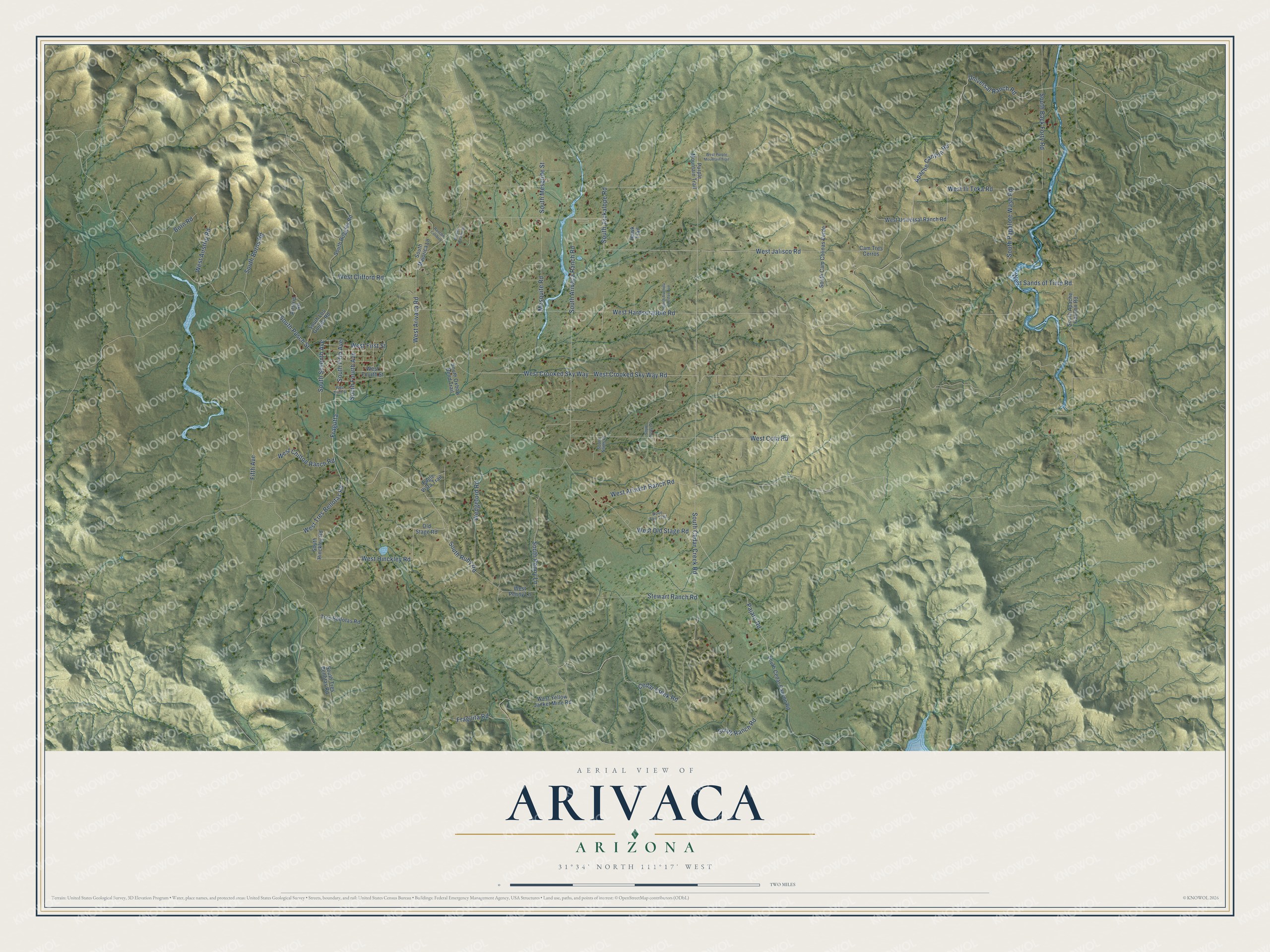 Full map of Arivaca, Arizona, with red buildings, printed street names and the land around them