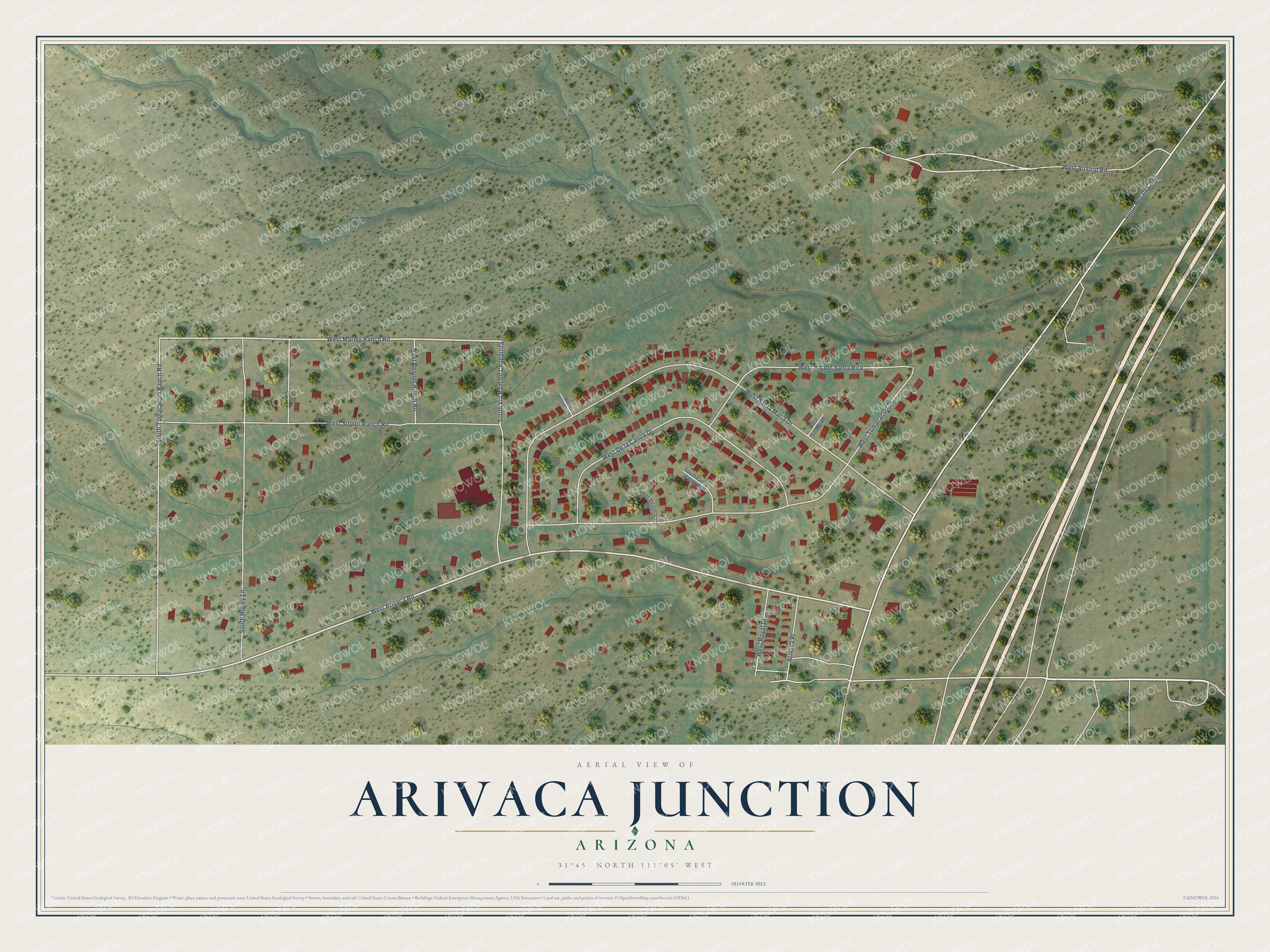 Full map of Arivaca Junction, Arizona, with red buildings, printed street names and the land around them