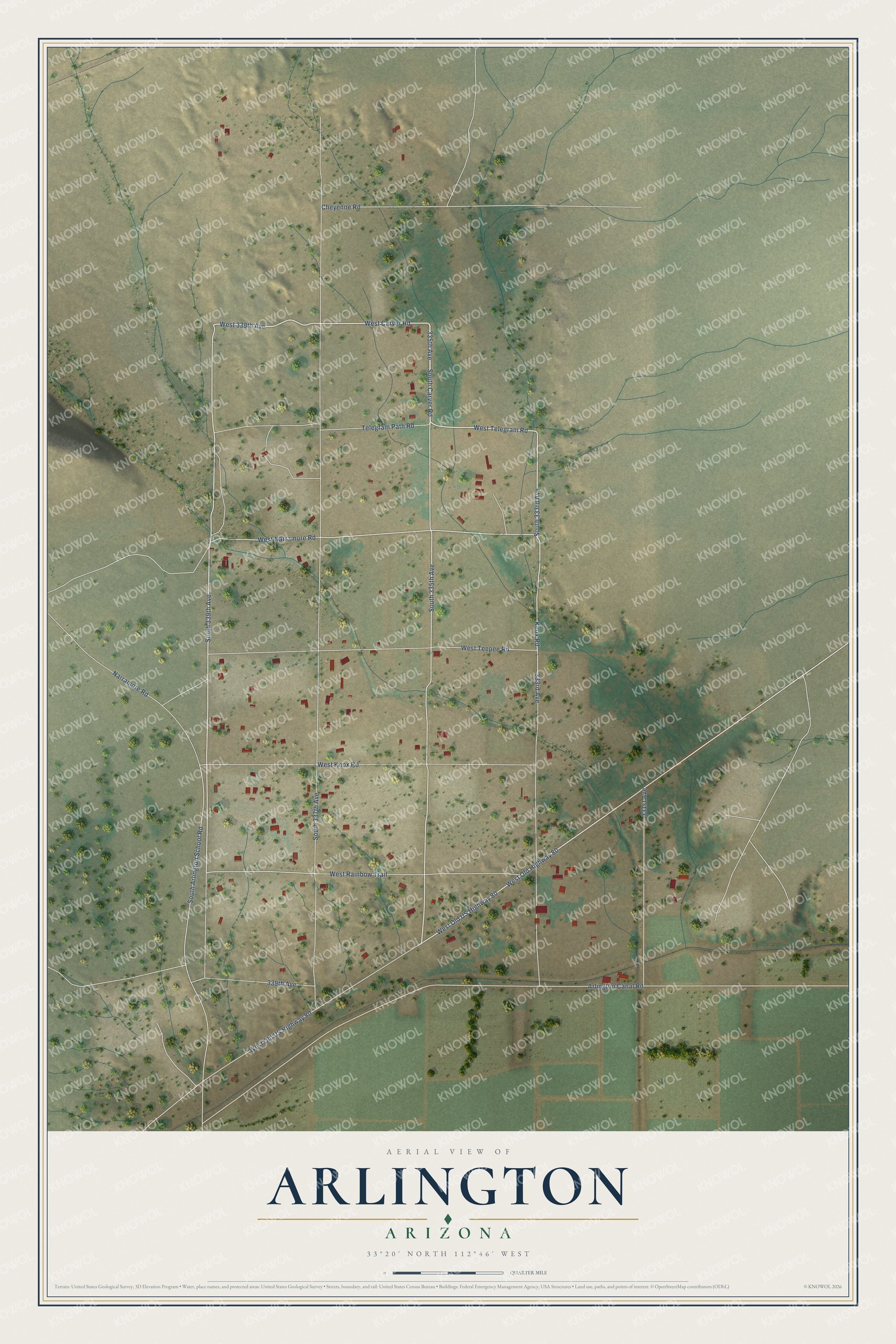 Full map of Arlington, Arizona, with red buildings, printed street names and the land around them