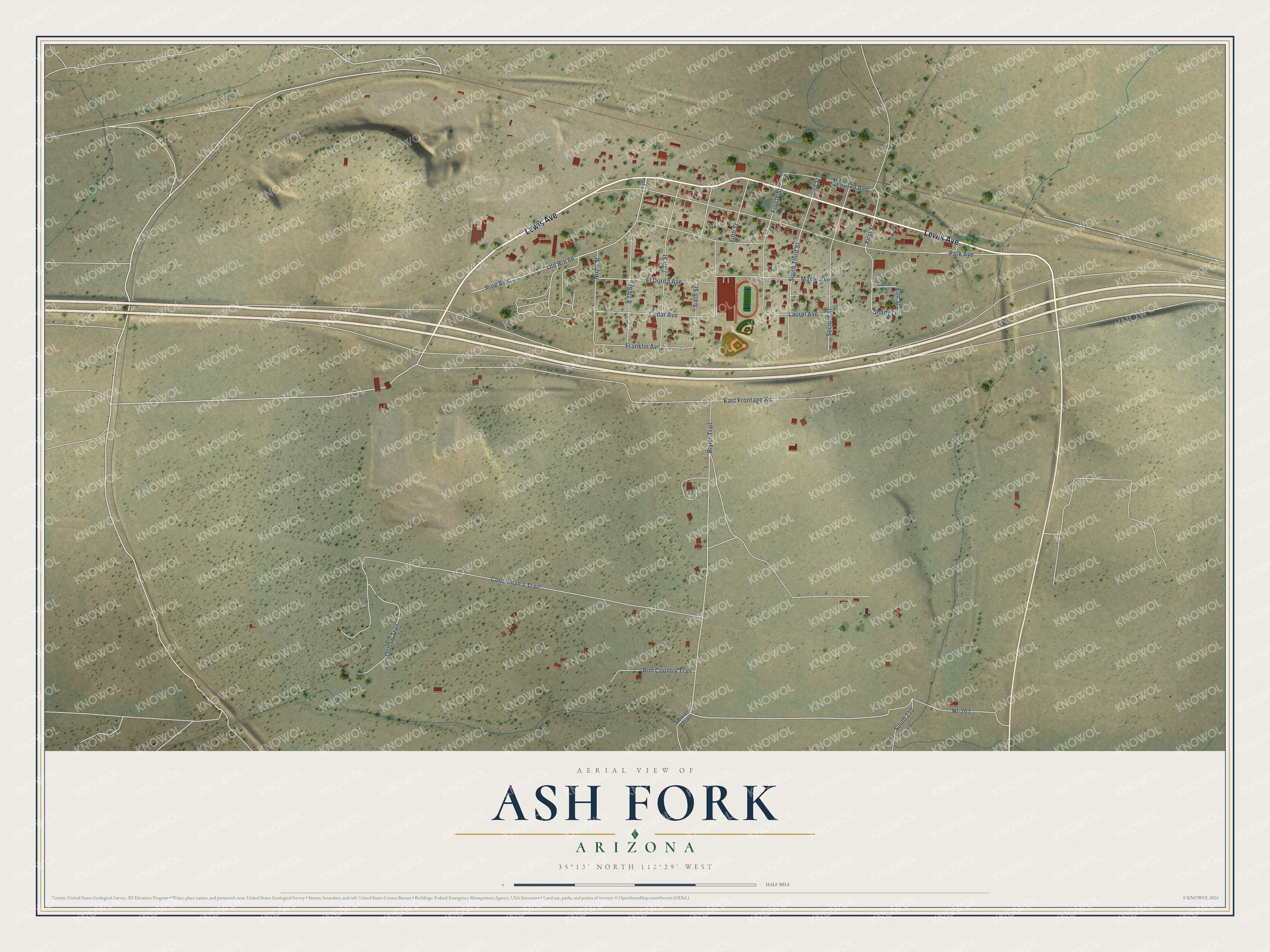 Full map of Ash Fork, Arizona, with red buildings, printed street names and the land around them