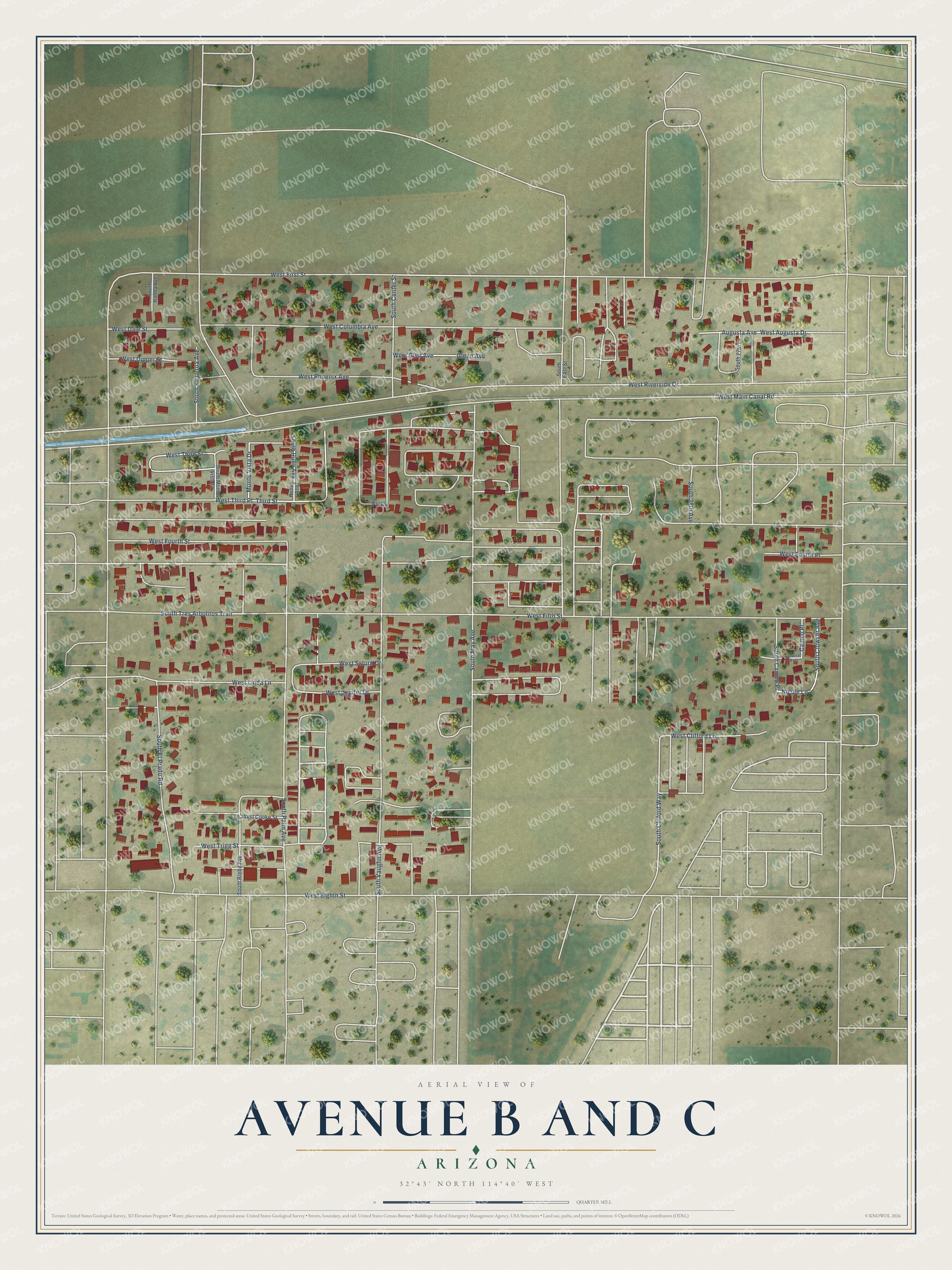 Full map of Avenue B and C, Arizona, with red buildings, printed street names and the land around them