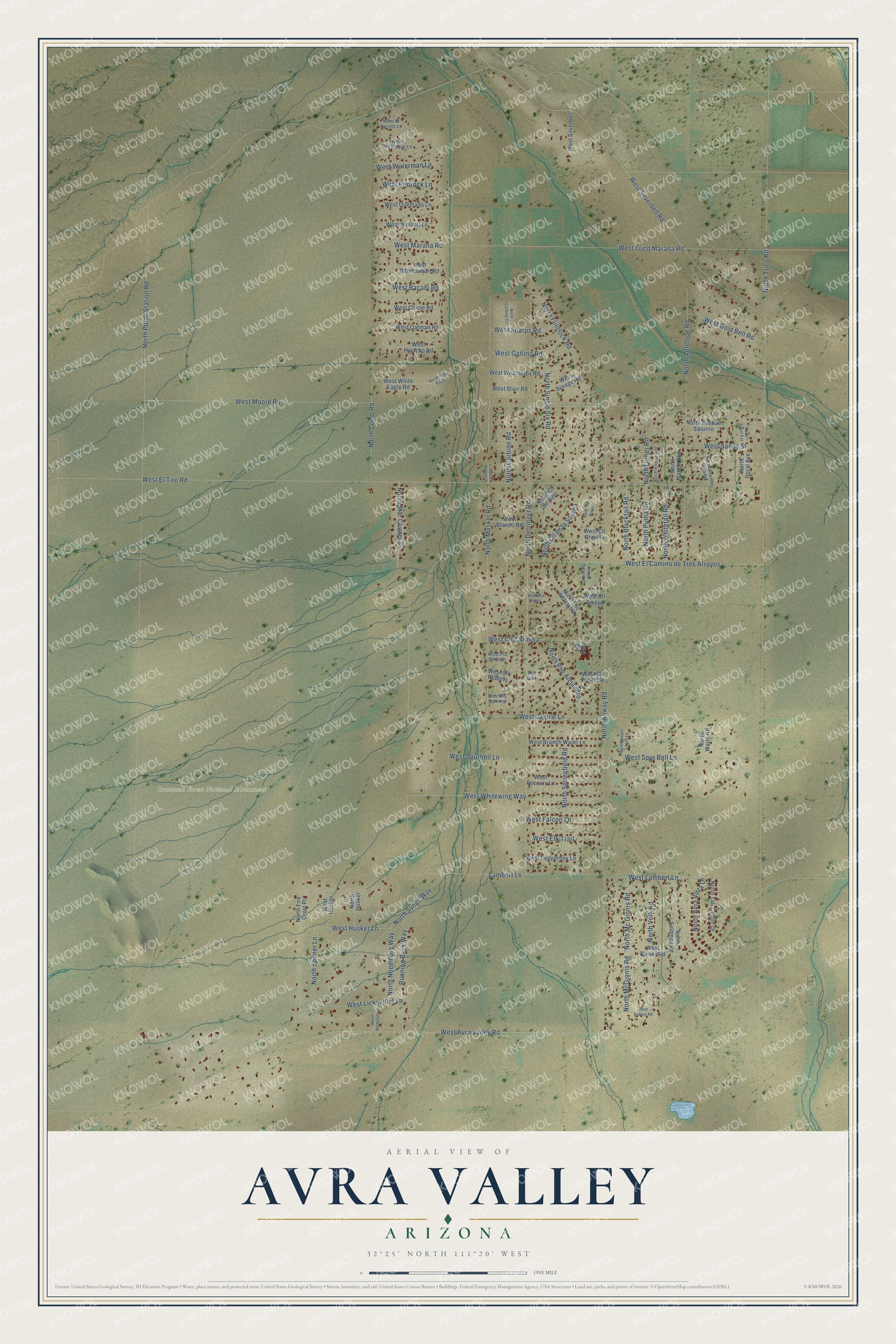 Full map of Avra Valley, Arizona, with red buildings, printed street names and the land around them