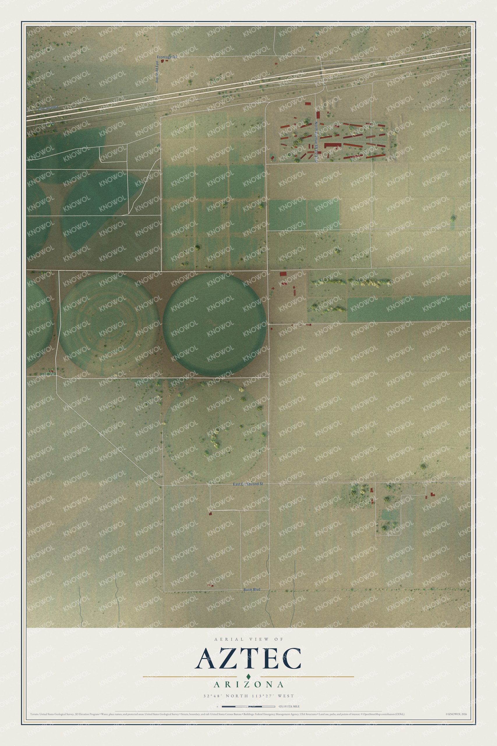 Full map of Aztec, Arizona, with red buildings, printed street names and the land around them