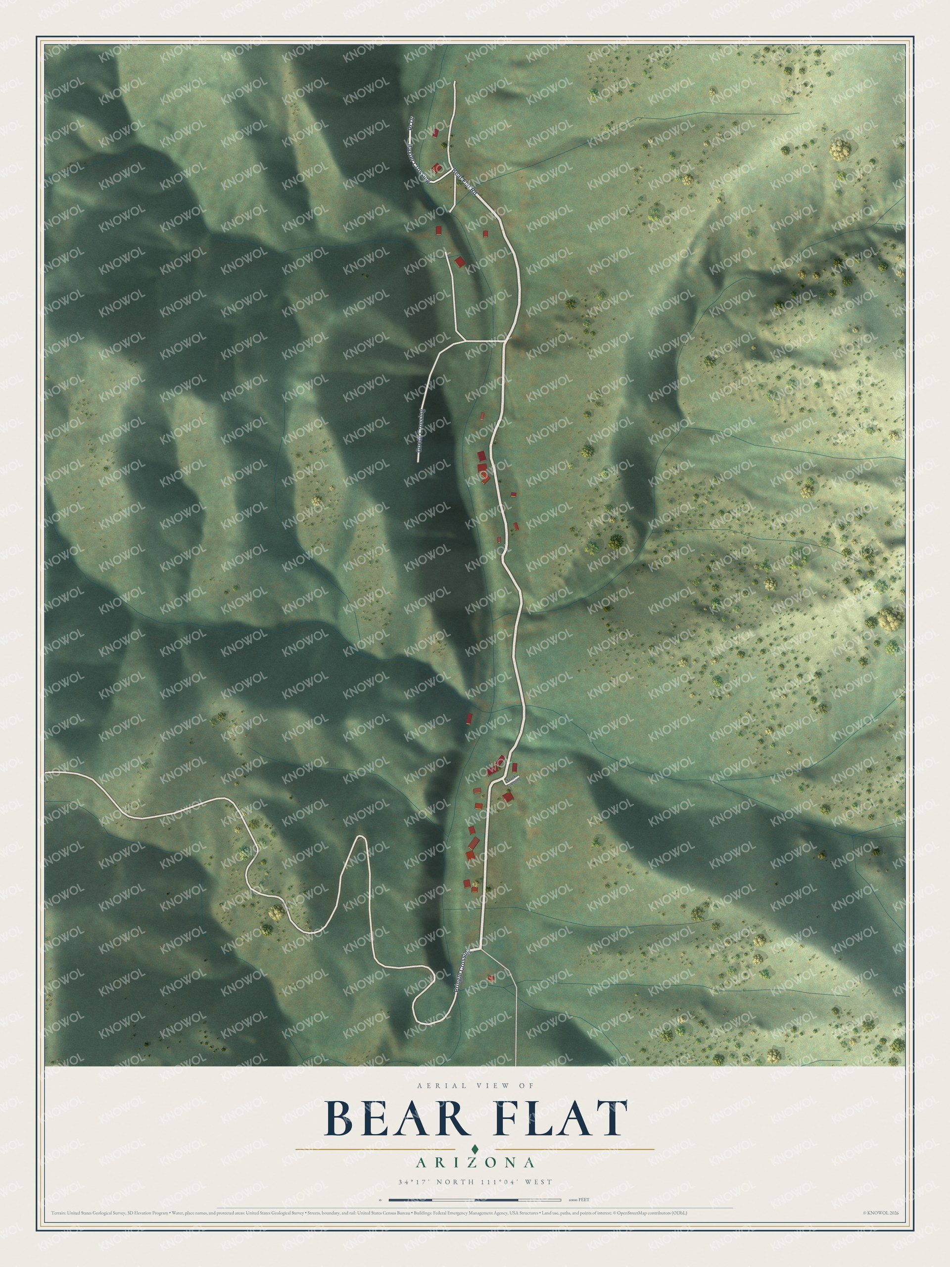 Full map of Bear Flat, Arizona, with red buildings, printed street names and the land around them