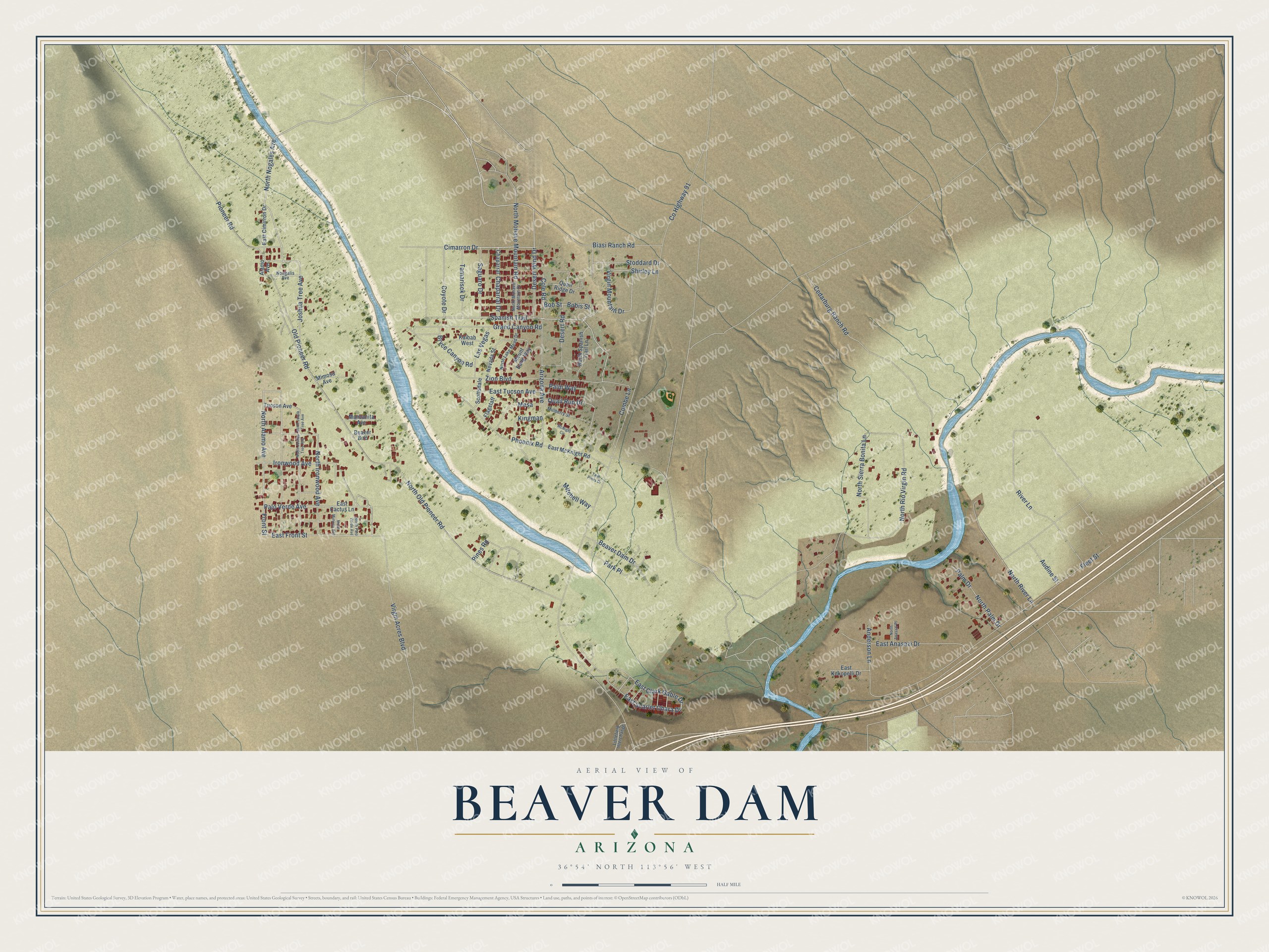 Full map of Beaver Dam, Arizona, with red buildings, printed street names and the land around them