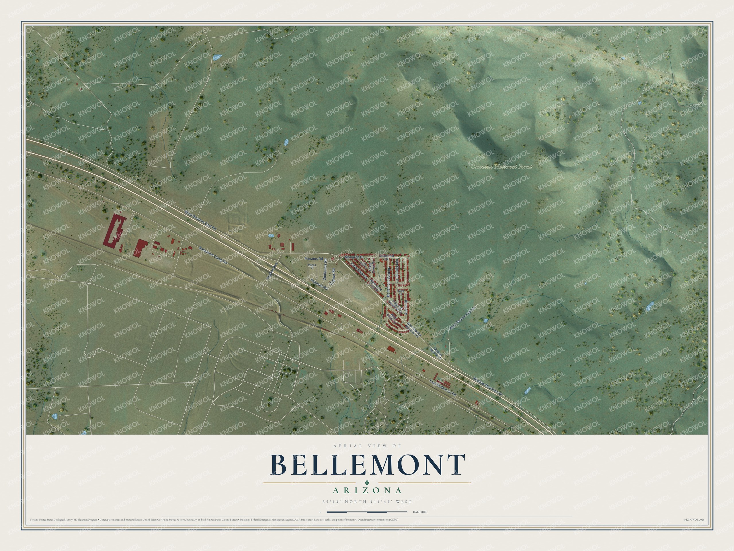 Full map of Bellemont, Arizona, with red buildings, printed street names and the land around them