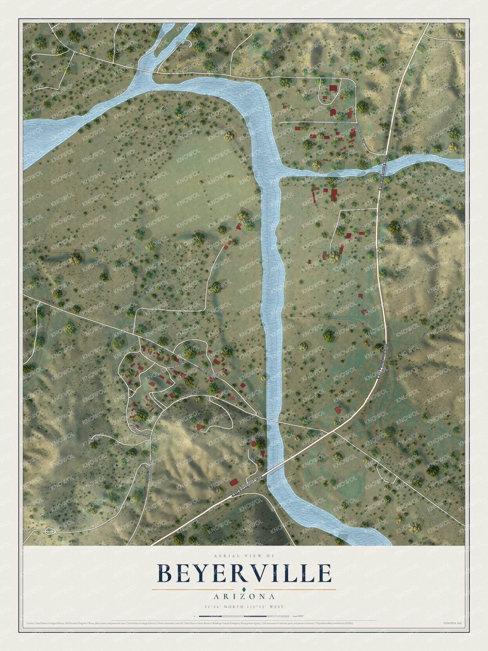 Full map of Beyerville, Arizona, with red buildings, printed street names and the land around them