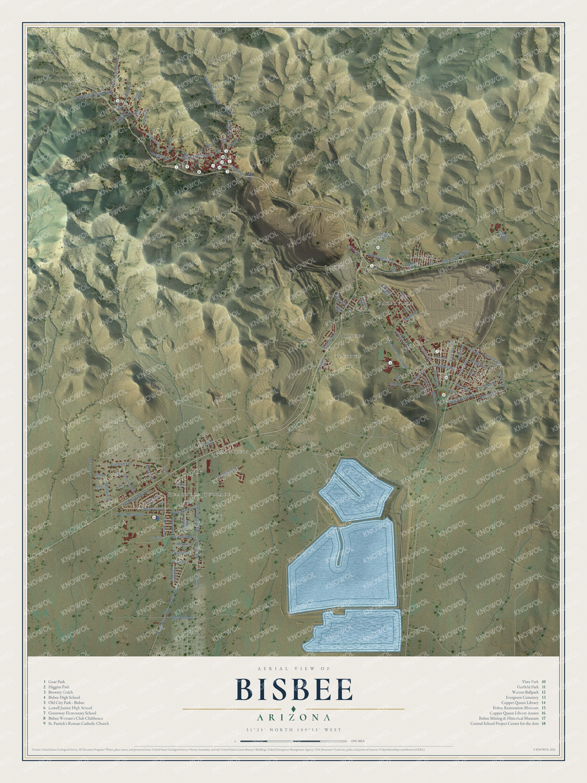Map of Bisbee, Arizona, with the Copper Queen Library, Warren and School Hill