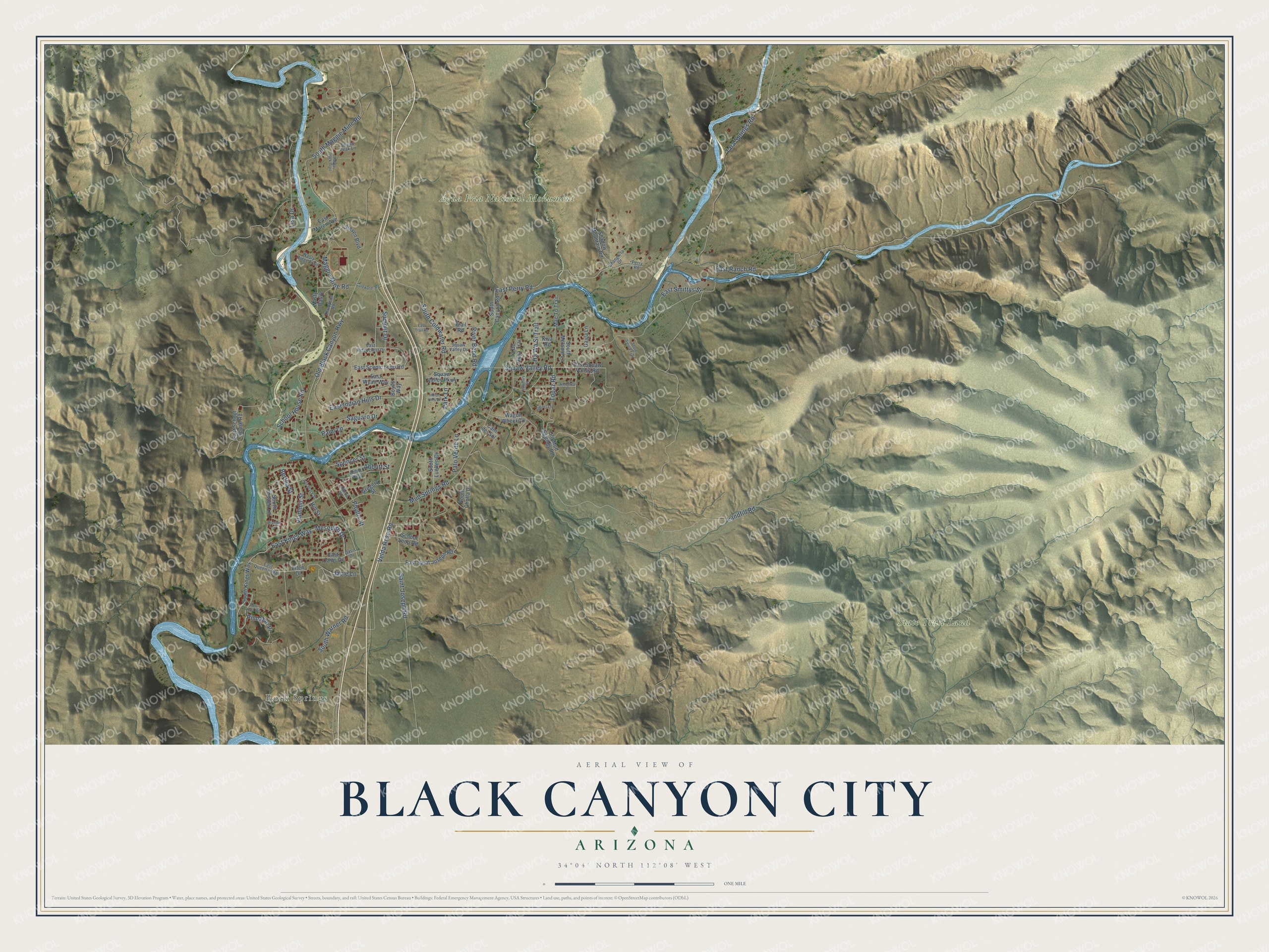Full map of Black Canyon City, Arizona, with red buildings, printed street names and the land around them