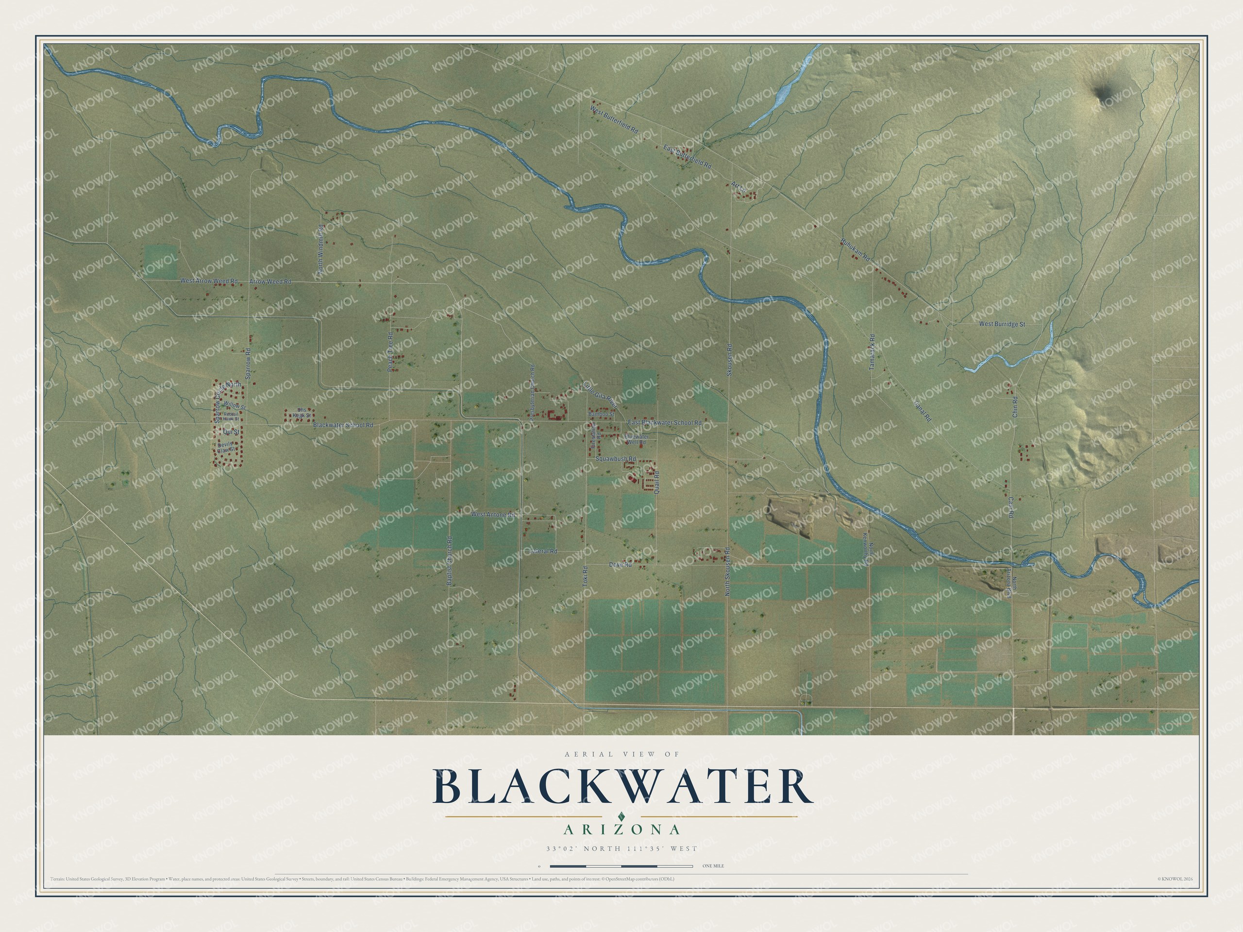 Full map of Blackwater, Arizona, with red buildings, printed street names and the land around them