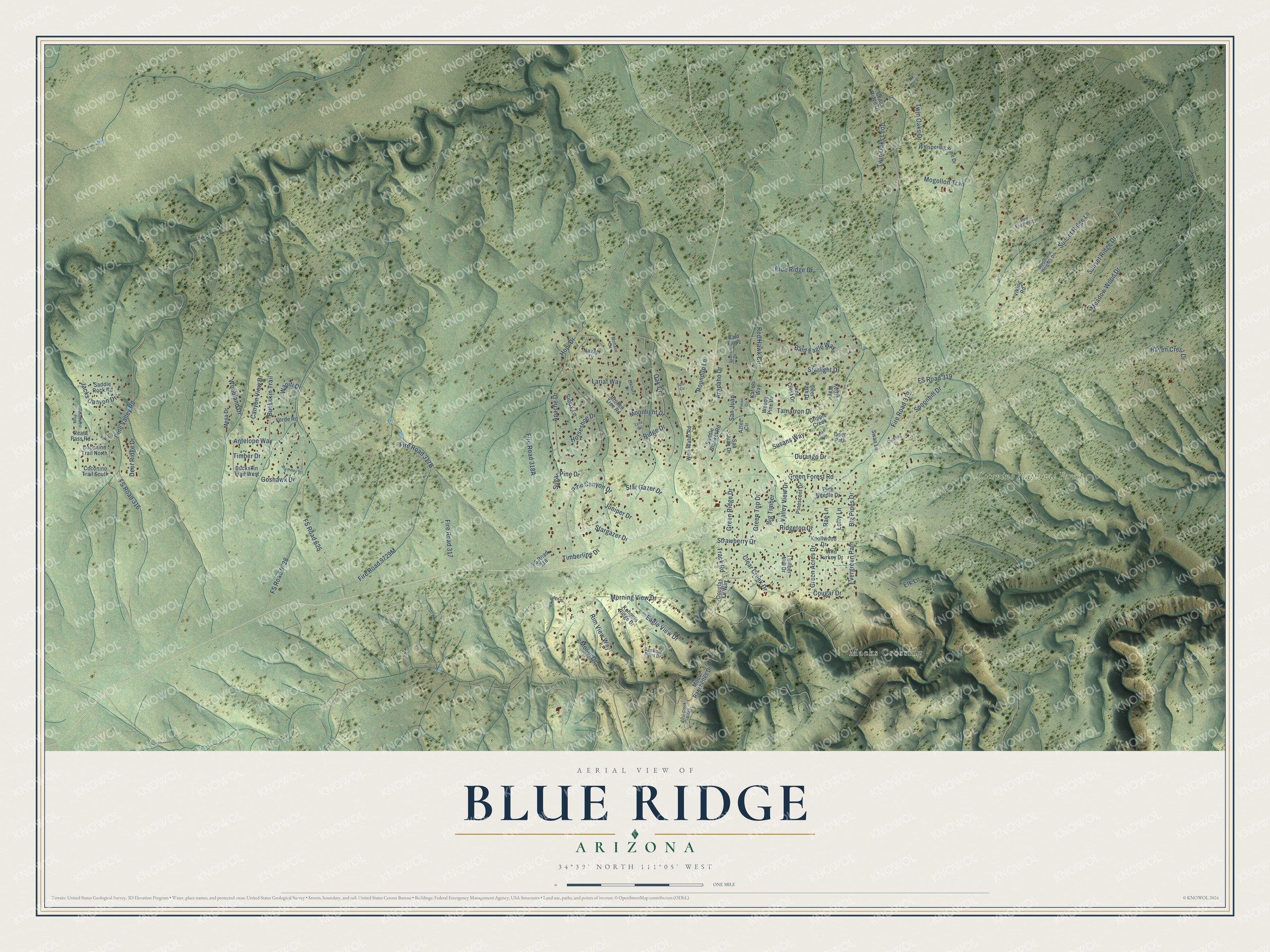 Full map of Blue Ridge, Arizona, with red buildings, printed street names and the land around them