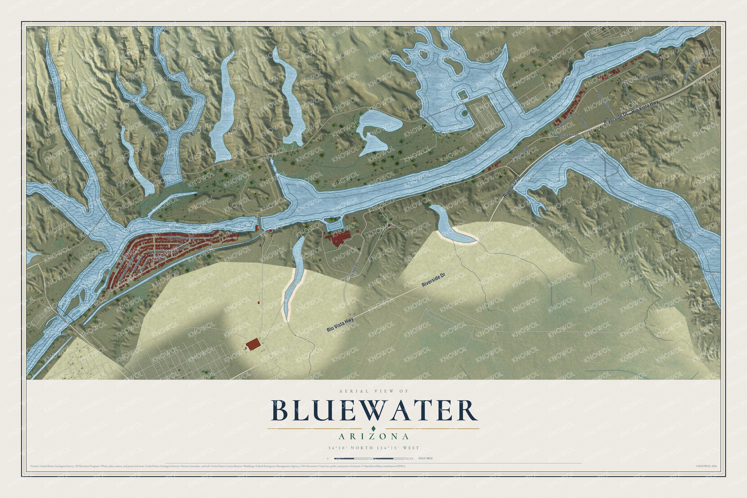 Full map of Bluewater, Arizona, with red buildings, printed street names and the land around them