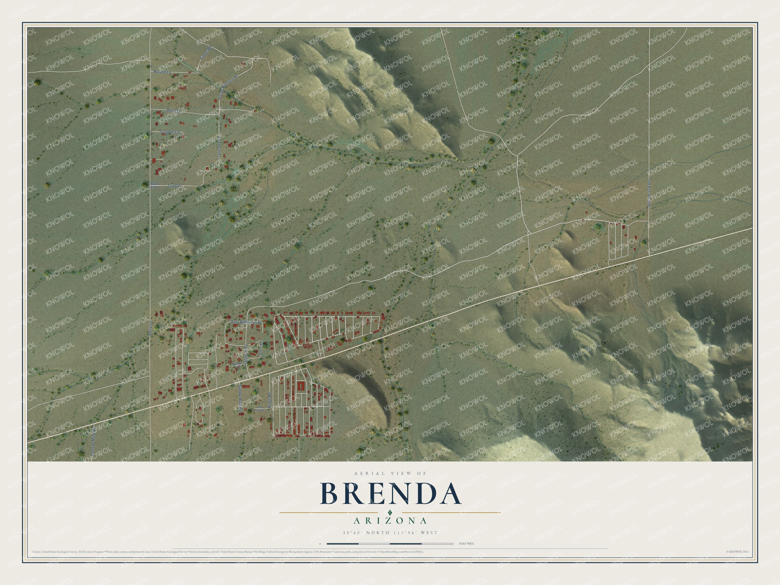 Full map of Brenda, Arizona, with red buildings, printed street names and the land around them
