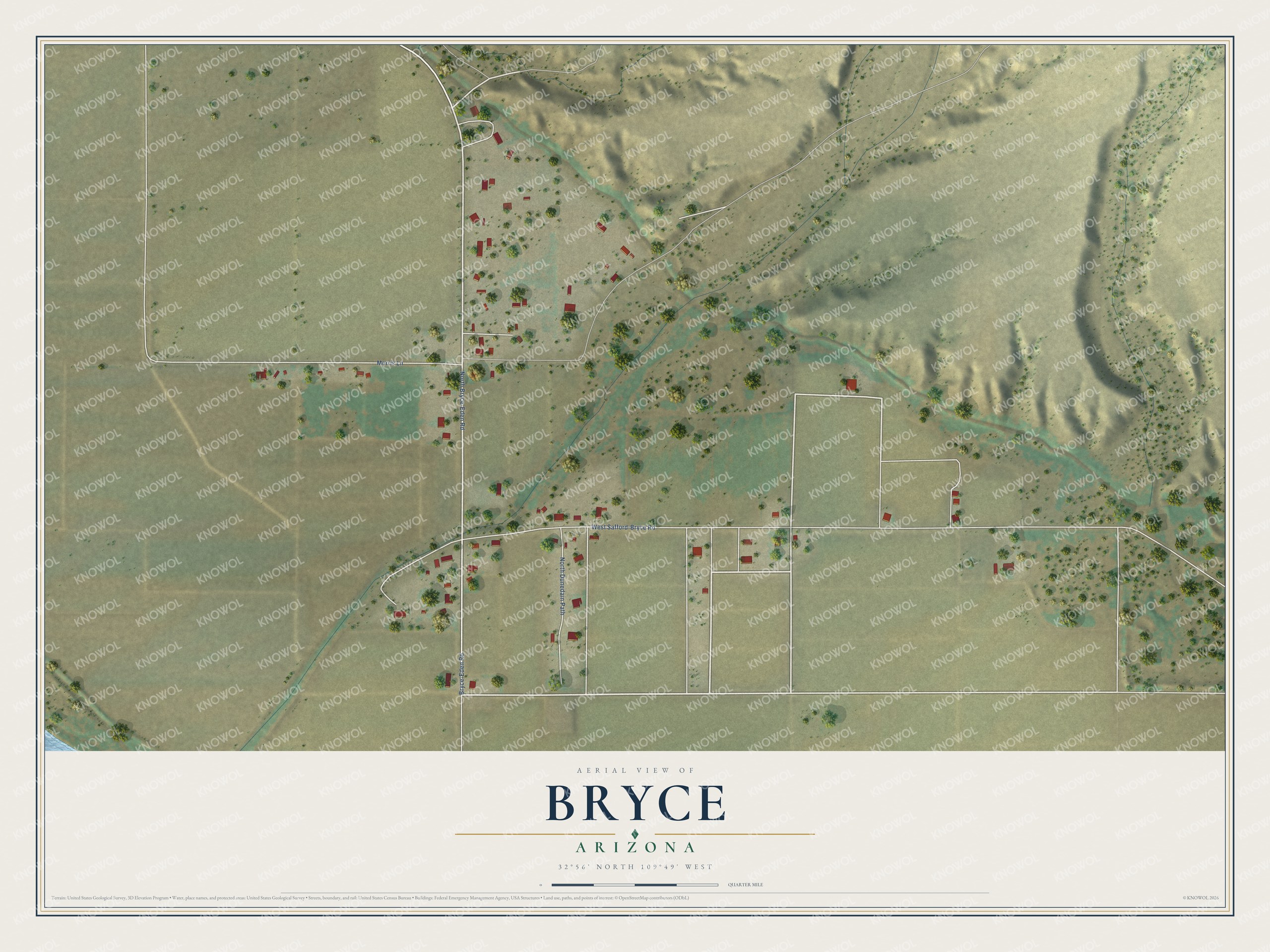 Full map of Bryce, Arizona, with red buildings, printed street names and the land around them