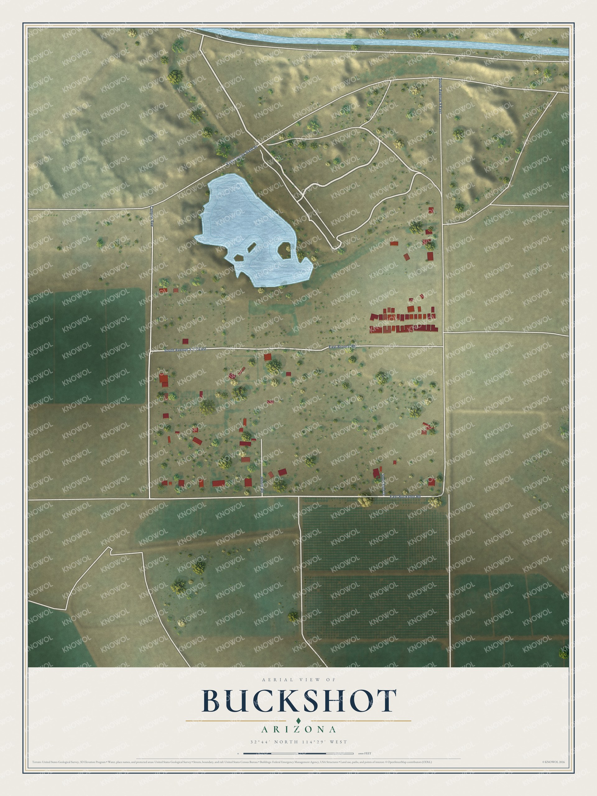 Full map of Buckshot, Arizona, with red buildings, printed street names and the land around them