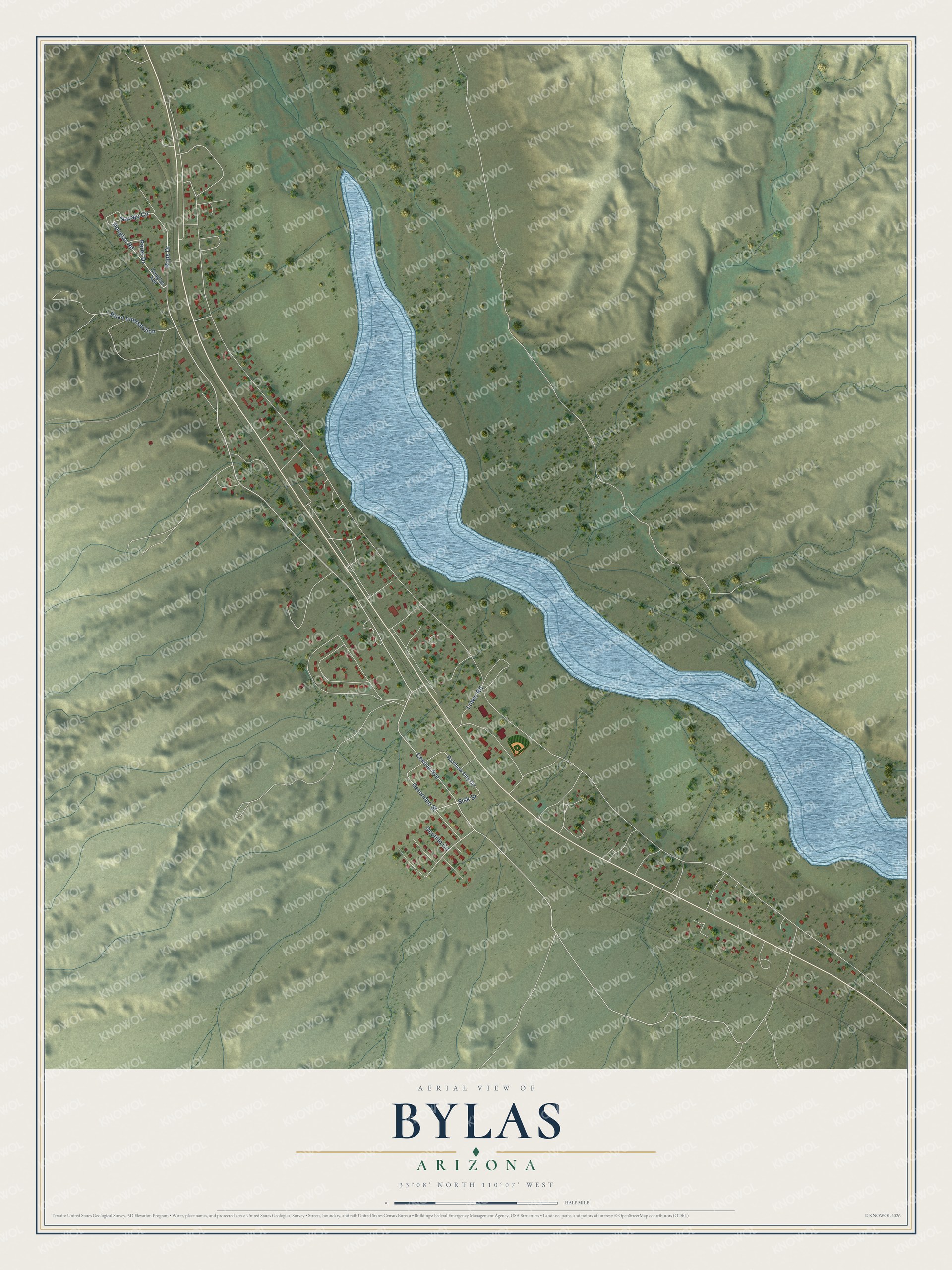 Full map of Bylas, Arizona, with red buildings, printed street names and the land around them