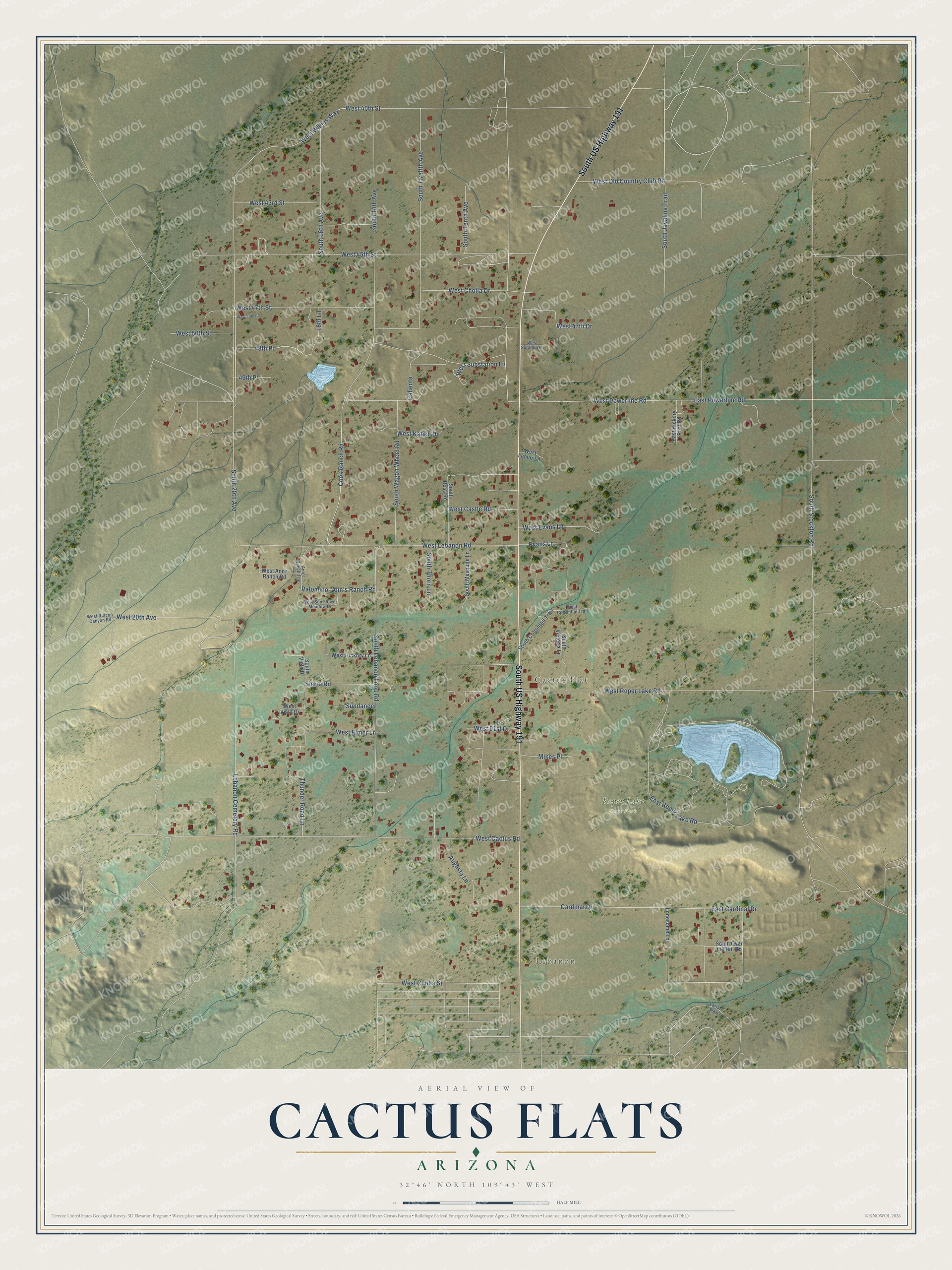 Full map of Cactus Flats, Arizona, with red buildings, printed street names and the land around them