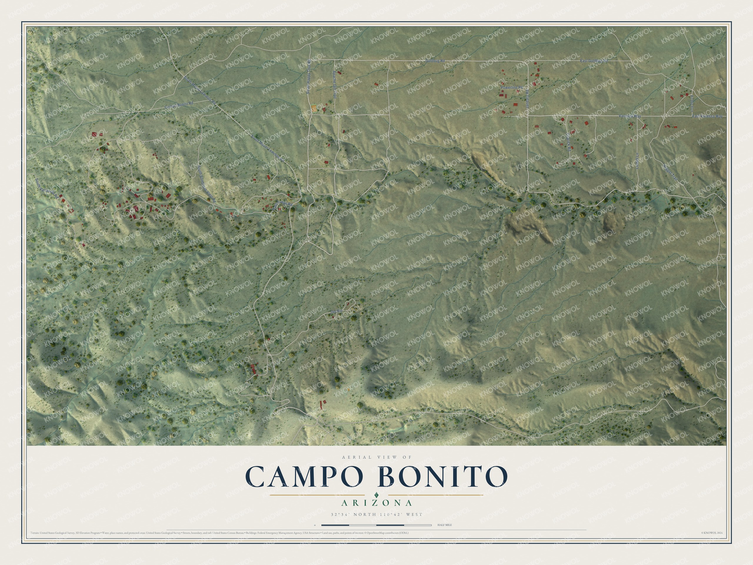 Full map of Campo Bonito, Arizona, with red buildings, printed street names and the land around them