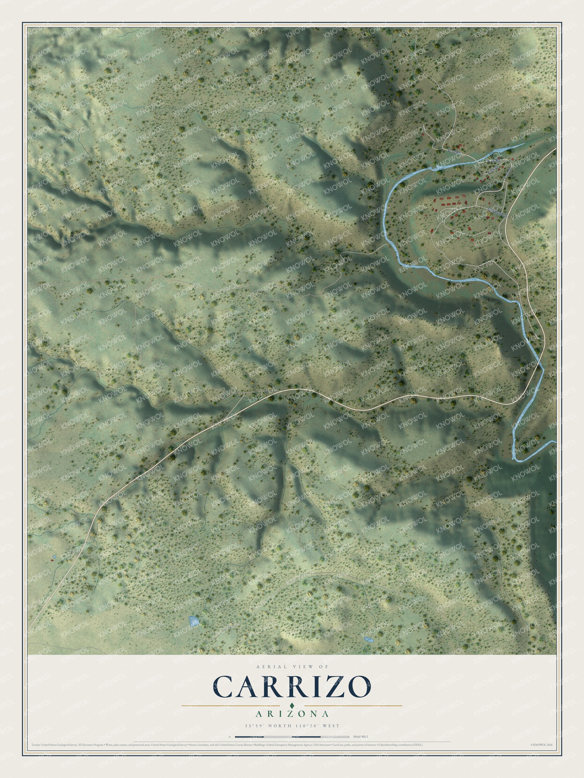 Full map of Carrizo, Arizona, with red buildings, printed street names and the land around them