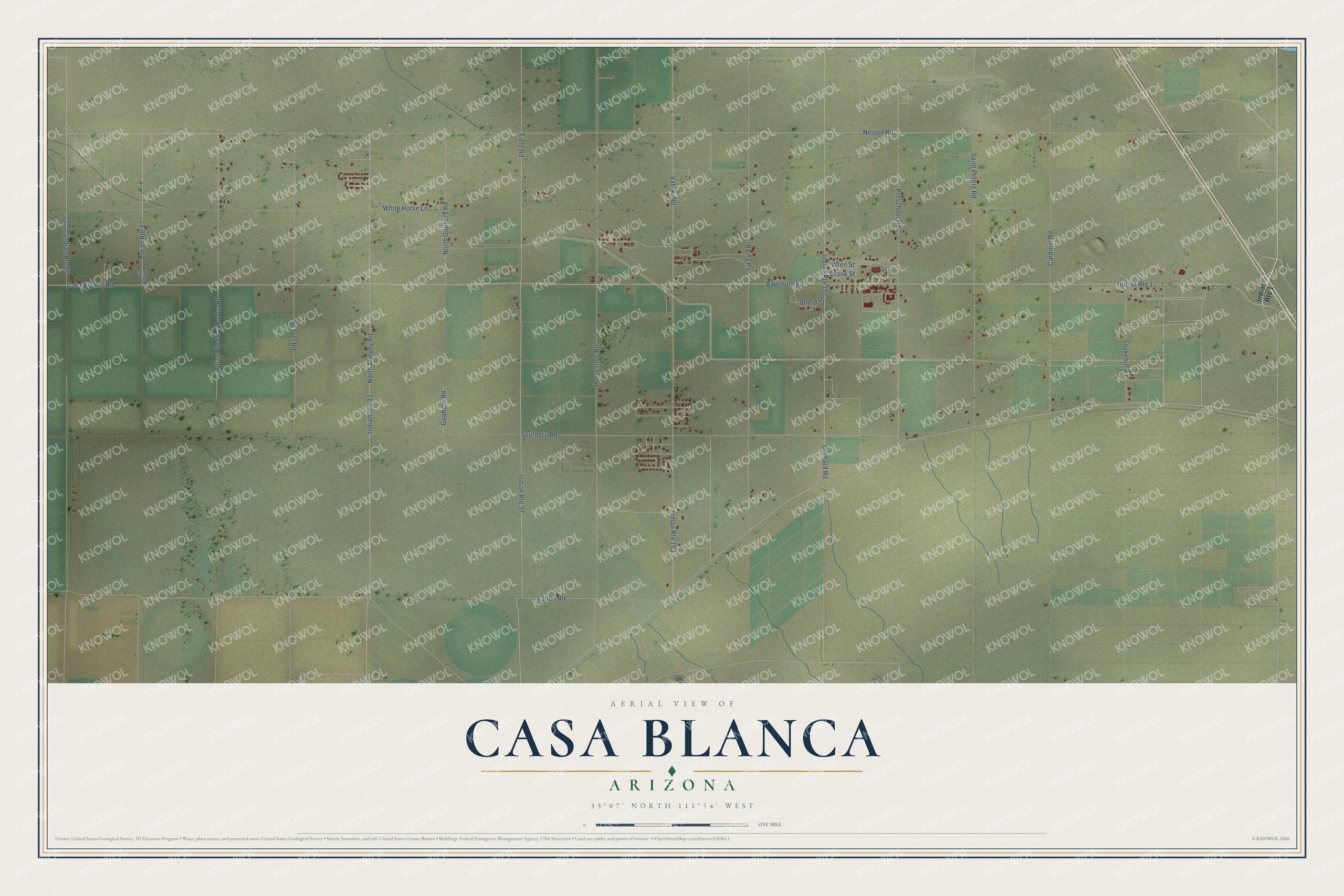 Full map of Casa Blanca, Arizona, with red buildings, printed street names and the land around them