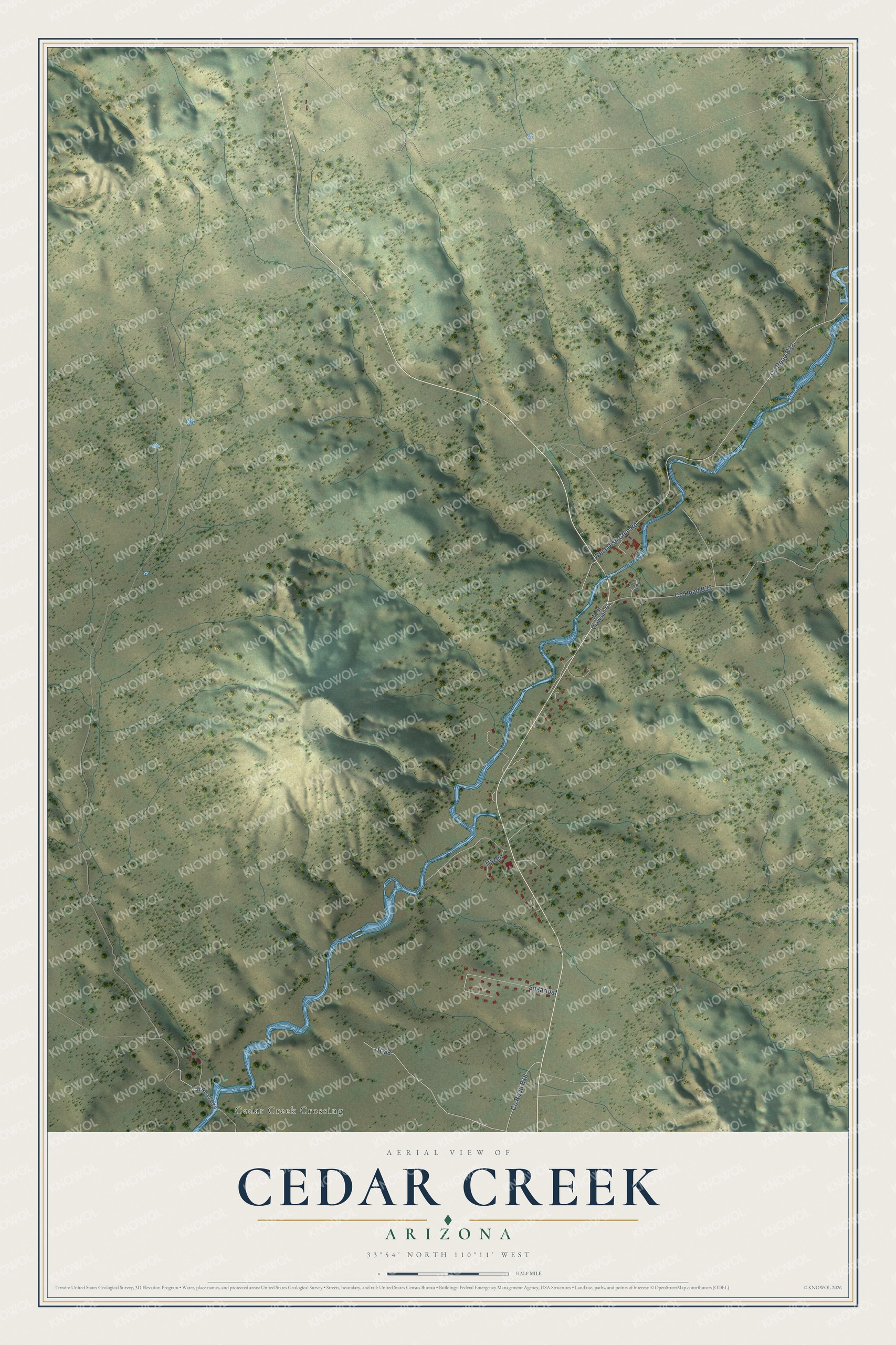 Full map of Cedar Creek, Arizona, with red buildings, printed street names and the land around them