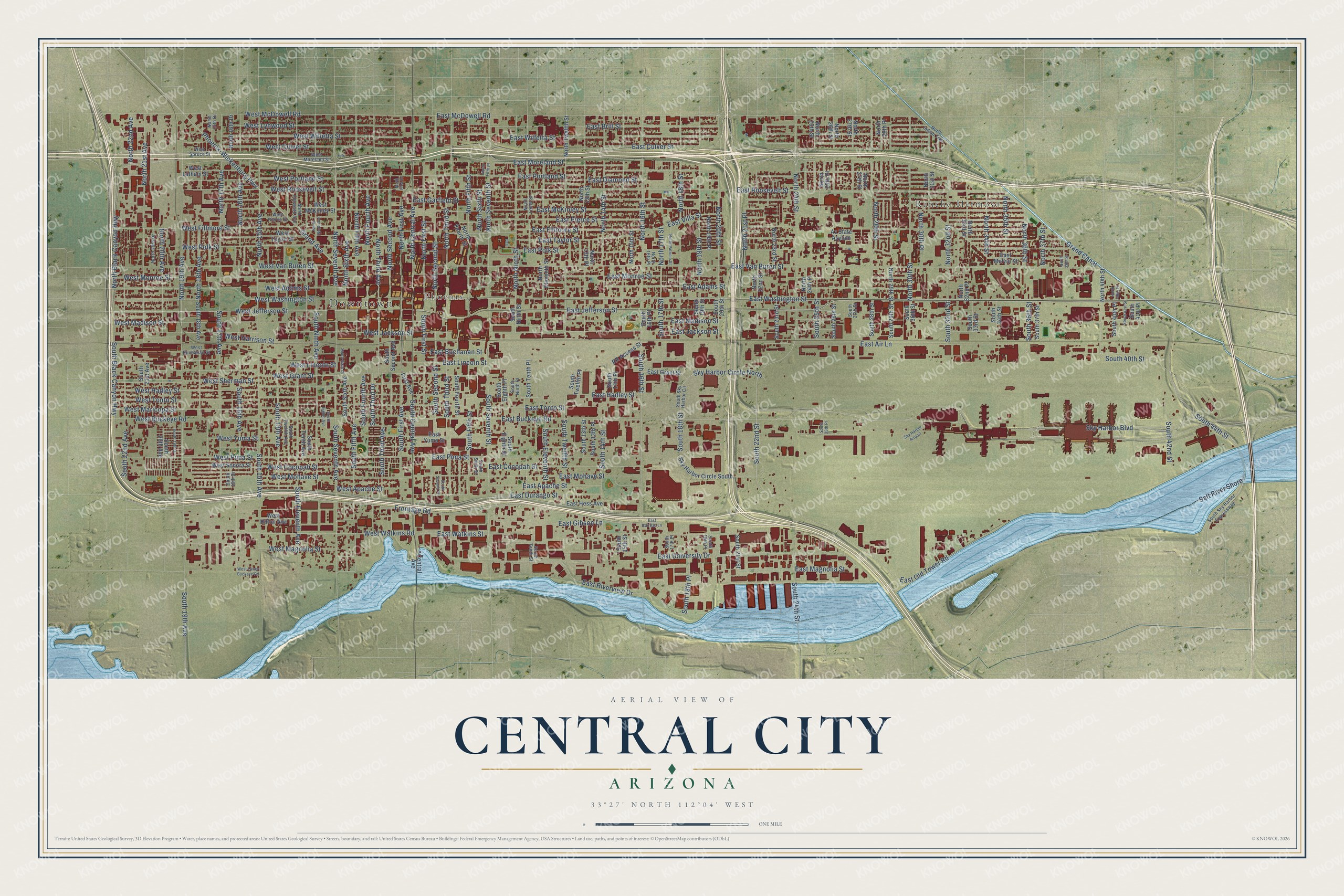 Full map of Central City, Arizona, with red buildings, printed street names and the land around them