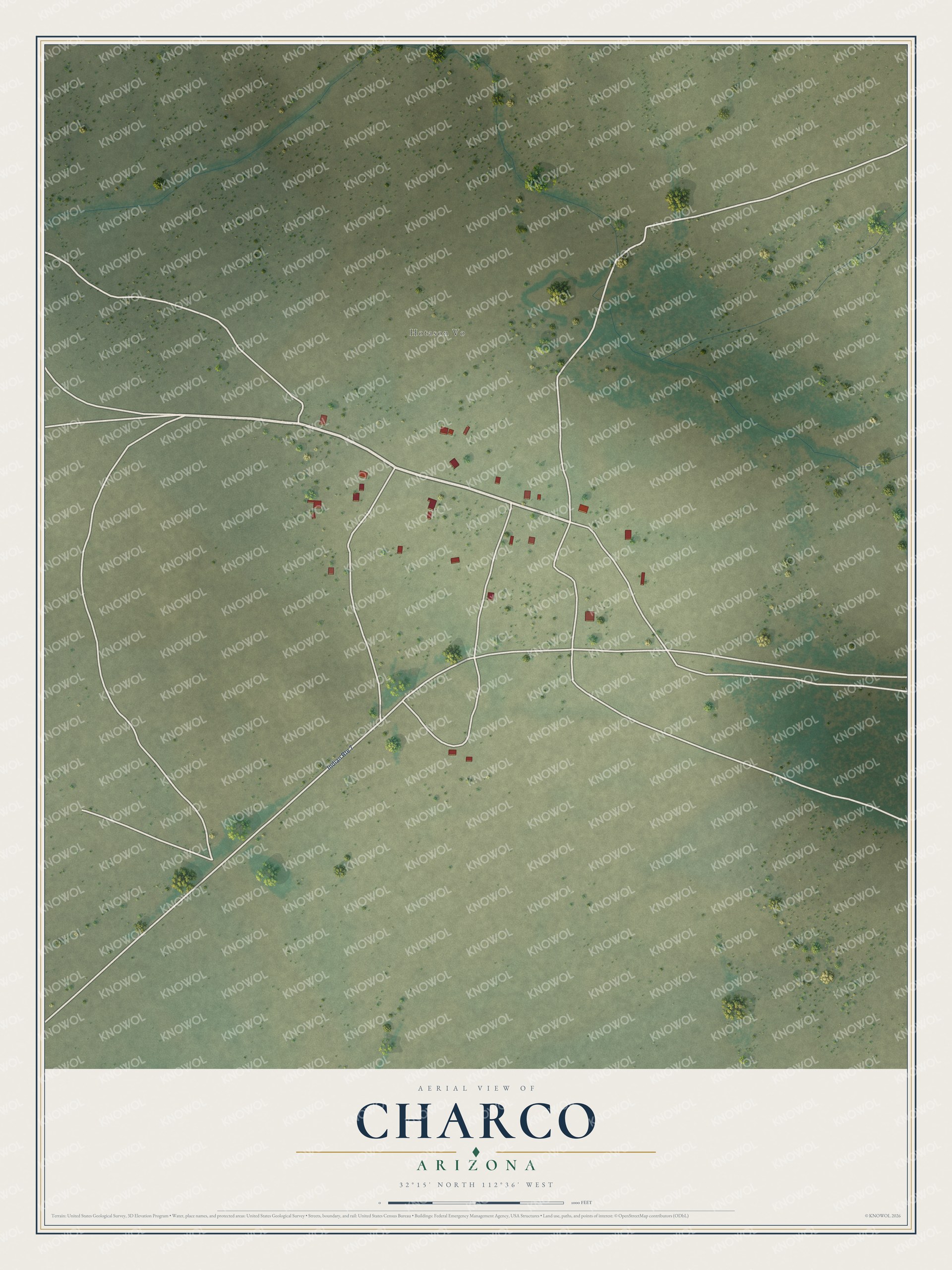 Full map of Charco, Arizona, with red buildings, printed street names and the land around them